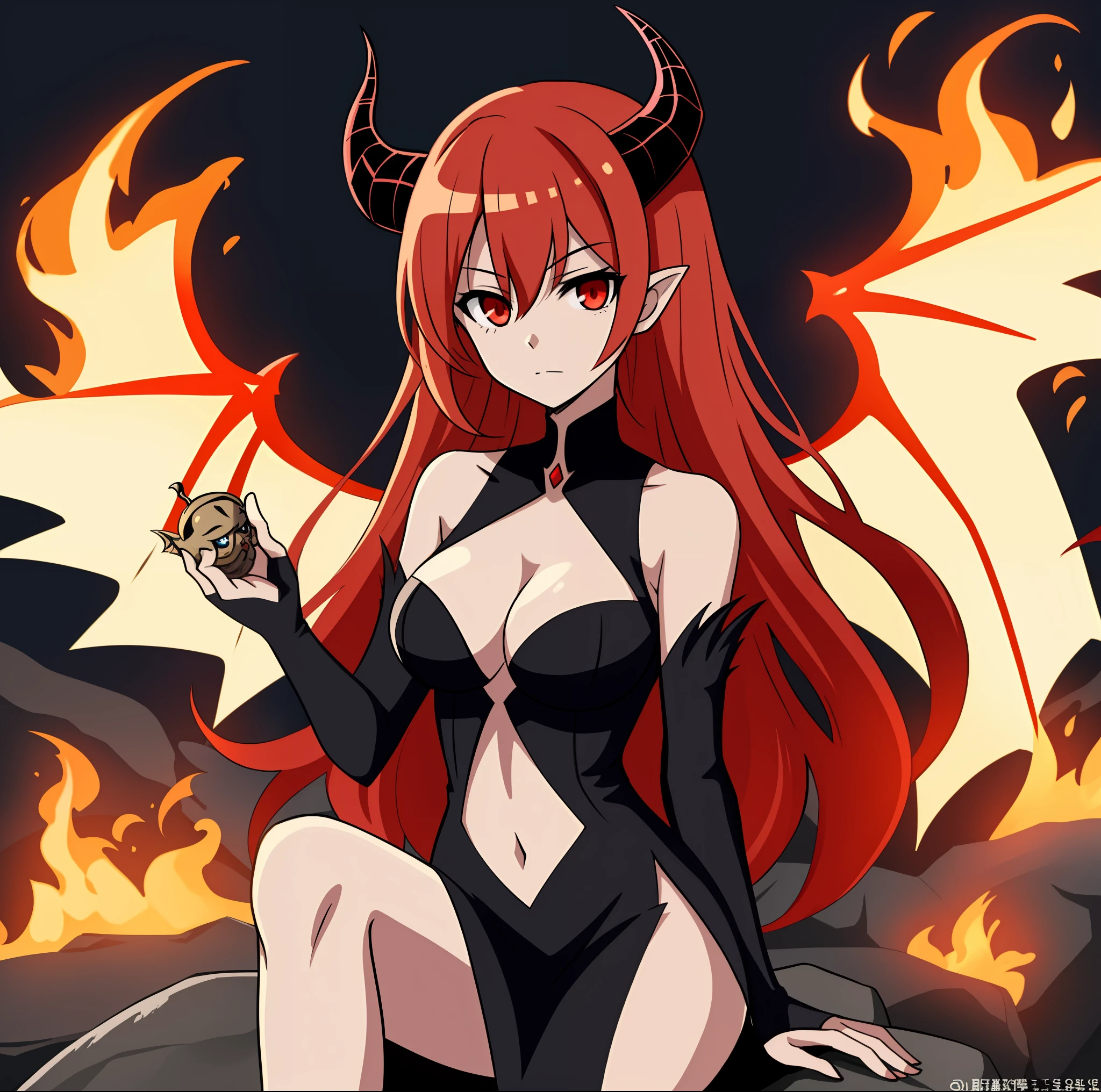 anime girl with red hair and horns sitting on a rock, an anime drawing by Kamagurka, pixiv, shin hanga, demon anime girl, demon girl, beautiful succubus, mika kurai demon, succubus, demoness, succubus in tight short dress, succubus | medieval, fire demon, giesha demon, queen of hell, symmetrical wings