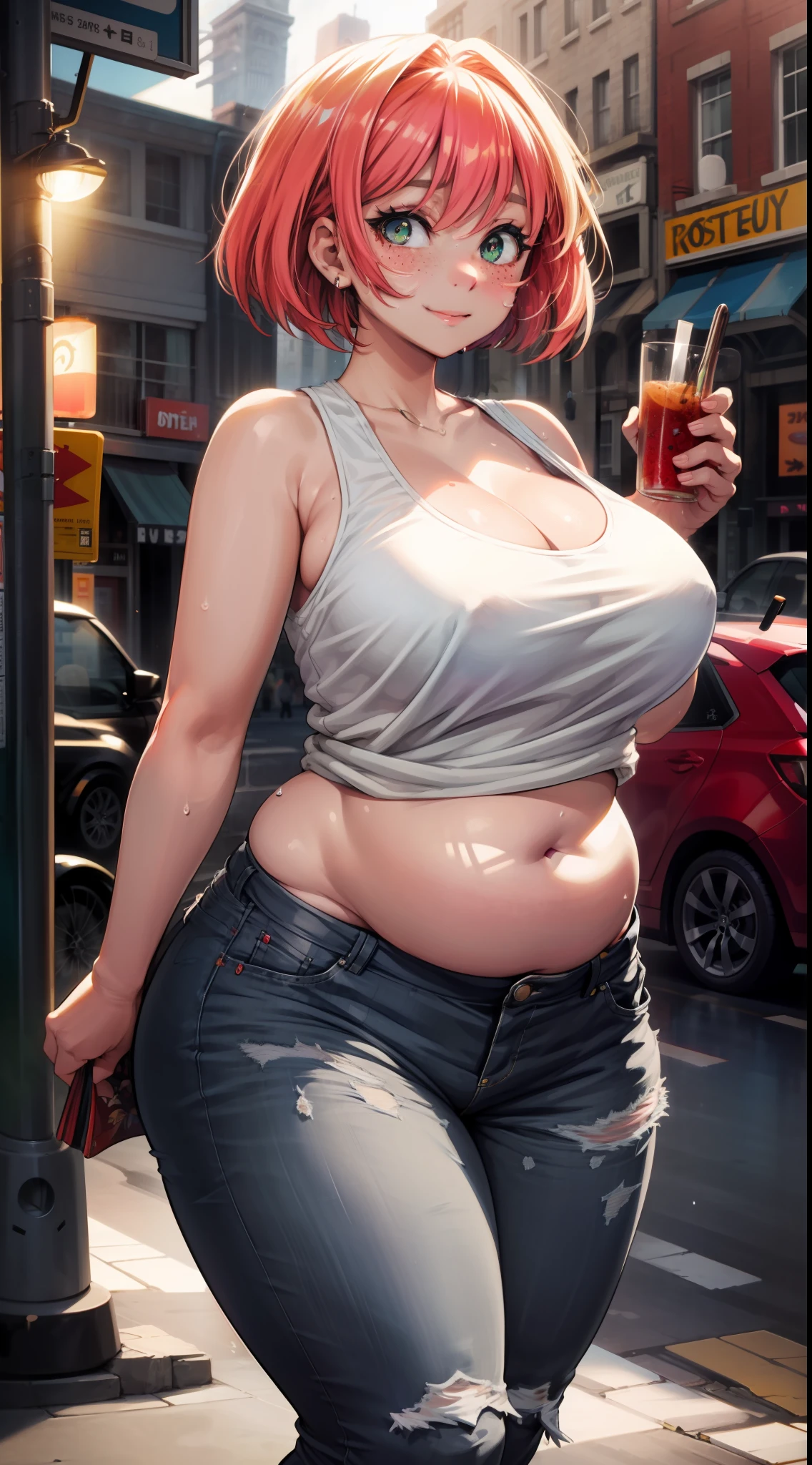 Masterpiece, high quality, (highres:1.4), best quality, beautiful, HD, perfect lighting, detailed face, (ultra cute face), detailed body, 1girl, solo, ( hotify:1.2), red hair, short hair, bob cut, bangs, green eyes, freckles, pale skin, looking at viewer, happy, sweet smile, smiling, light blush, light sweat, ((white tank top)), (jean shorts), (her jeans are tight on her), tight jeans, ankle high brown boots, medium breasts, (cleavage), perky breasts, ((wide hips)), (((thick thighs))), thicc, sexy pose, dynamic pose, facing to the side, midriff, navel, ((chubby,)) (((pudgy belly))), belly grab, fat rolls, belly hang, she has a soft jiggly belly, tight clothes, in public, street, town,