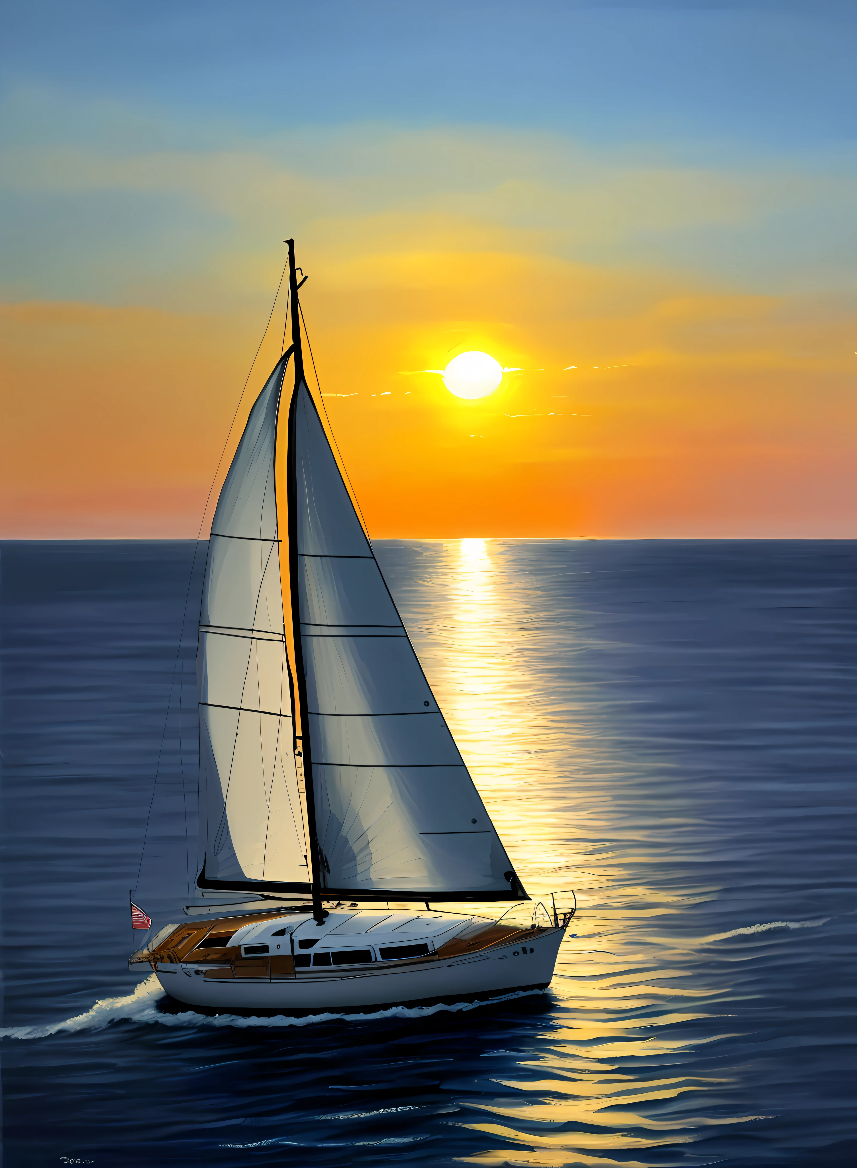painting of a sailboat in the ocean at sunset with a bright sun, oil painting 4 k, oil painting 4k, ship at sea, sailboats, Oil painting. HD, 8 K HD detailed oil painting, 4 k oil painting, detailed 4 k oil painting, Detailed painting 4 k, Oil painting style, epic oil painting, The artwork, On the sea