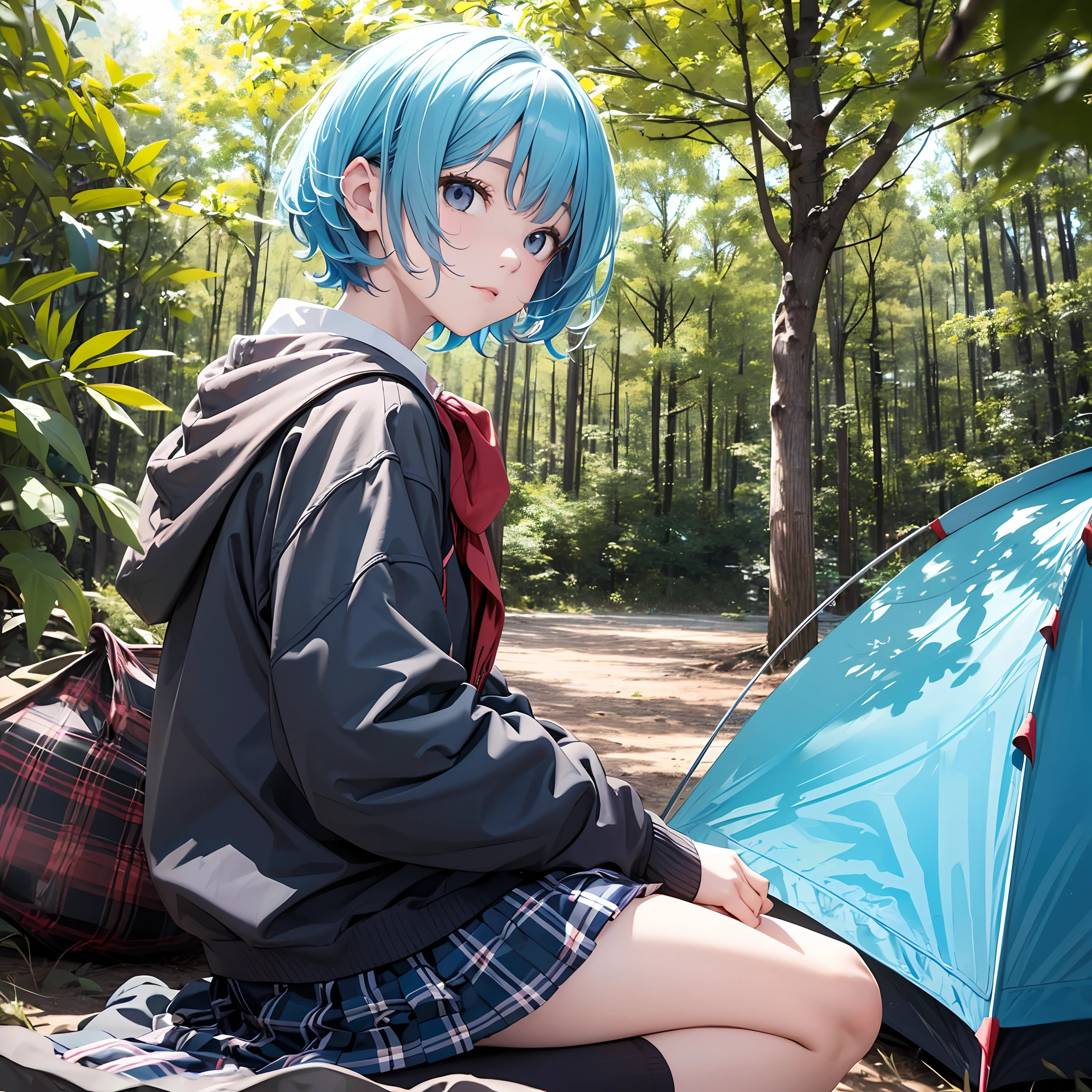 16-year-old schoolgirl、short-hair、light blue hair、Black eyes、cute face、Camp attire、exteriors、campsite、bonfire、tents、sitting on