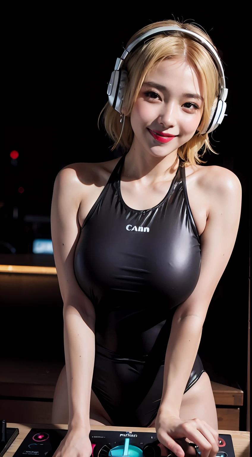 (professional canon raw photo:1.2), (best quality, master piece:1.1) (8k high res:1.25), (detailed skin and skin pores and goose bumps:1.2), (extremely high res face:1.1), (ultra realistic:1.2),
(front view:1.4), (beautiful korean idol:1), (excited smile:1.5), (DJ in the middle of a crowded nightclub, disk jockey:1.2), edm, looking at viewer,(neon pink slingshot swimsuit, one-piece swimsuit, pubic hair:1.4), (dyed blonde hair:1.4),
(heavy makeup, red lips, long winged eye liner, long eyelashes, dark eyeshadow, nose contouring, big eyes, red blush, chiselled jaw line:0.9)
(skinny body and defined abs, medium breast, slim thighs, wide hip, very thin waist:1),
(headphones on head:1.2), earrings, neon lights sign, dark background,
(red lips, long winged eye liner, long eyelashes, dark eyeshadow, nose contouring, big eyes, red blush, chiselled jaw line:1)
(ulzzang-6500:0.75) (looking at viewer)(excited smile:1.5)