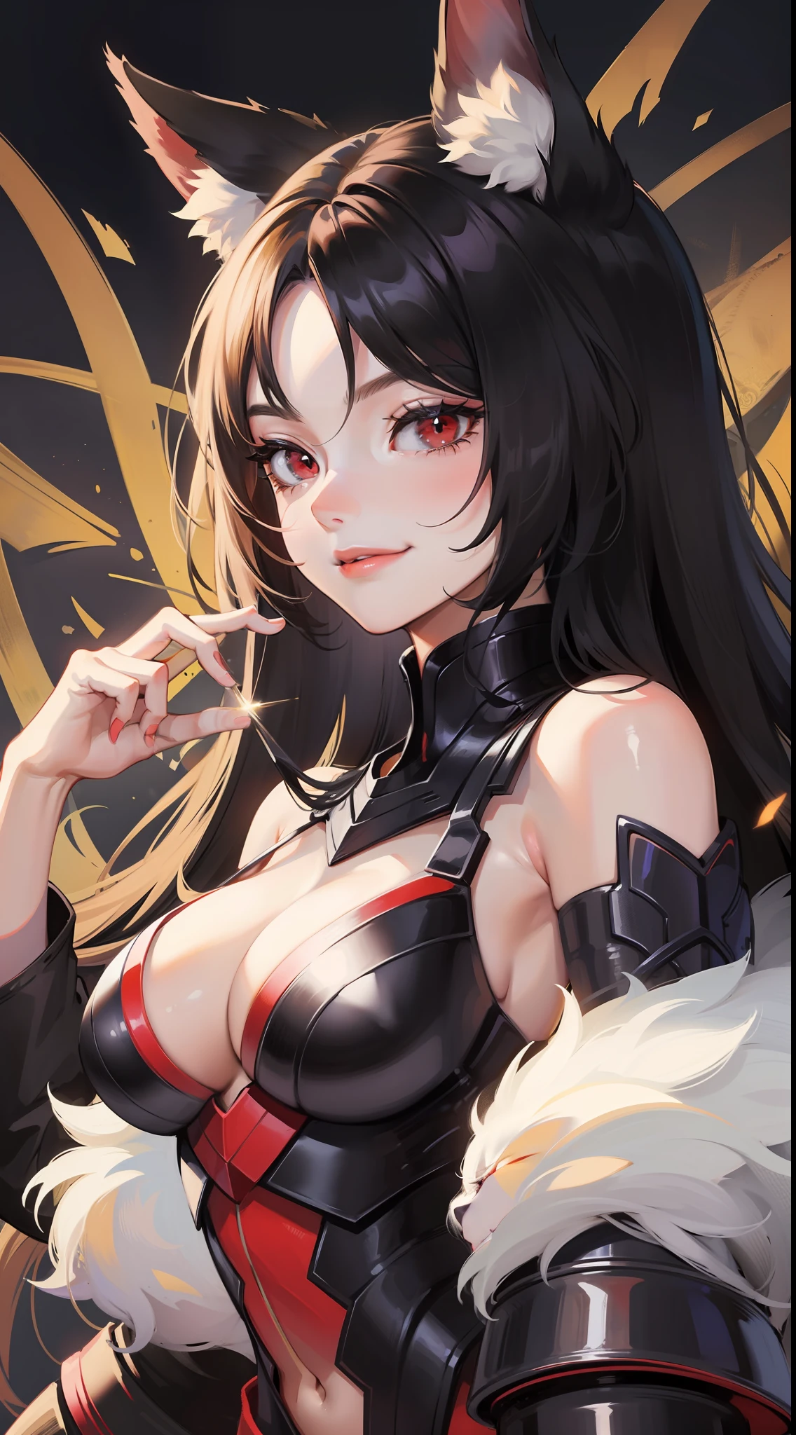 young girl, Long black hair, Fox ears, red eyes, smirk, Decepticon armor, Starskrim, open shoulders, open breasts, smirk, wings, Masterpiece, highly quality
