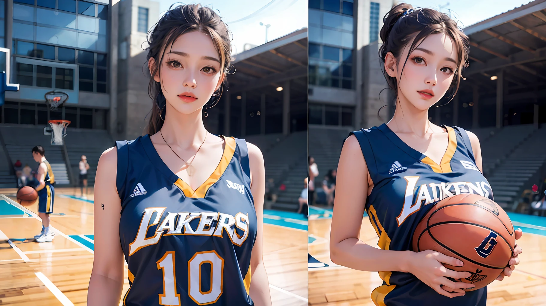 (10, RAW photo, bestquality, master-piece:1.2), (Realistic, photo-realistic:1.4), illustration, highres,hexagon,(1girls), ornate, rough skin, (oval face:1.1), Professional lighting, photons mapping, radiosity, Physically Based Rendering, kawaii,
wear basketball uniform, huge breast, ((cleavage)), at  basketball court, pureerosface_v1:0.3