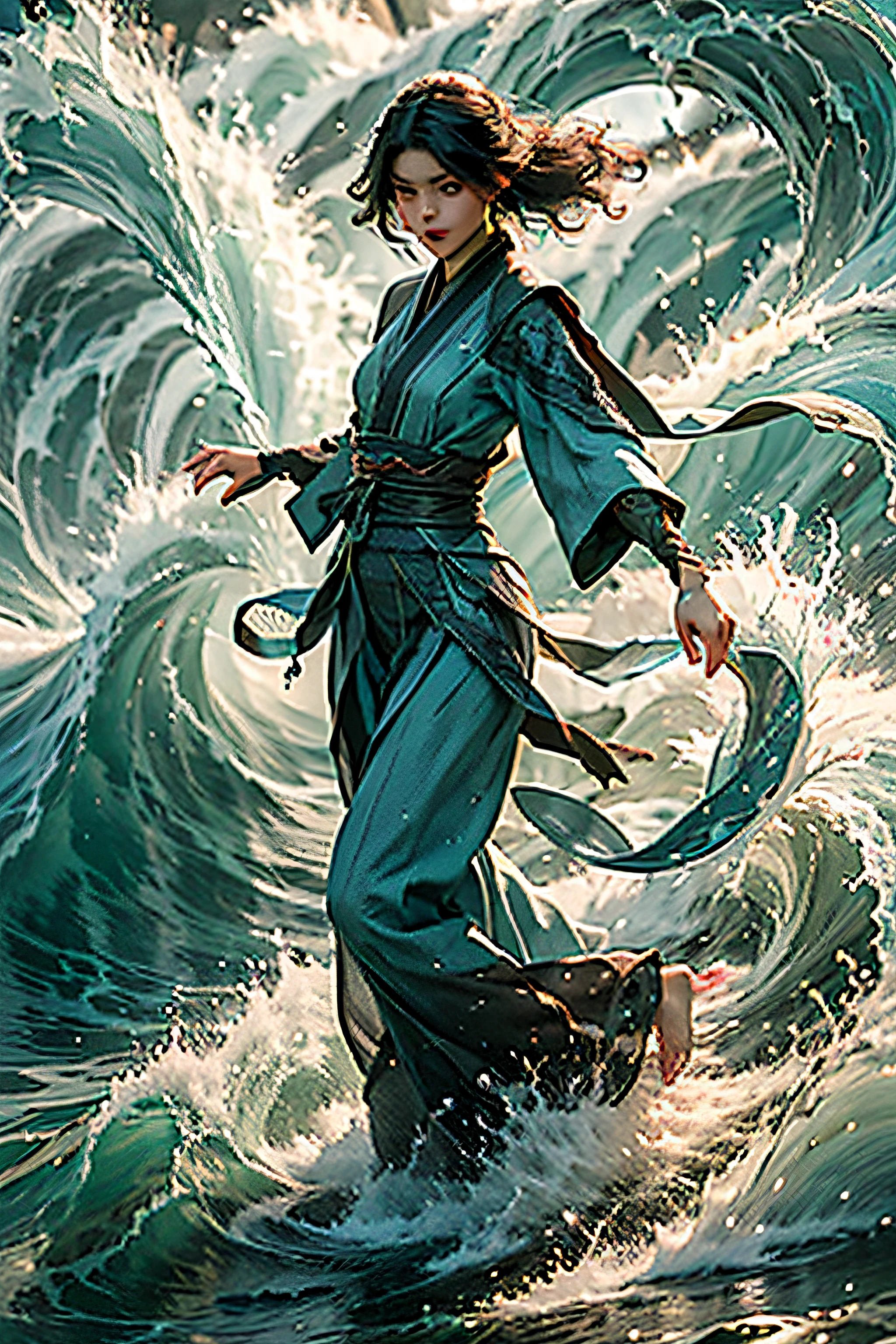 Best quality,masterpiece,ultra high res,,yushuishu,1girl,solo,black hair,water,waves,lips,full body,