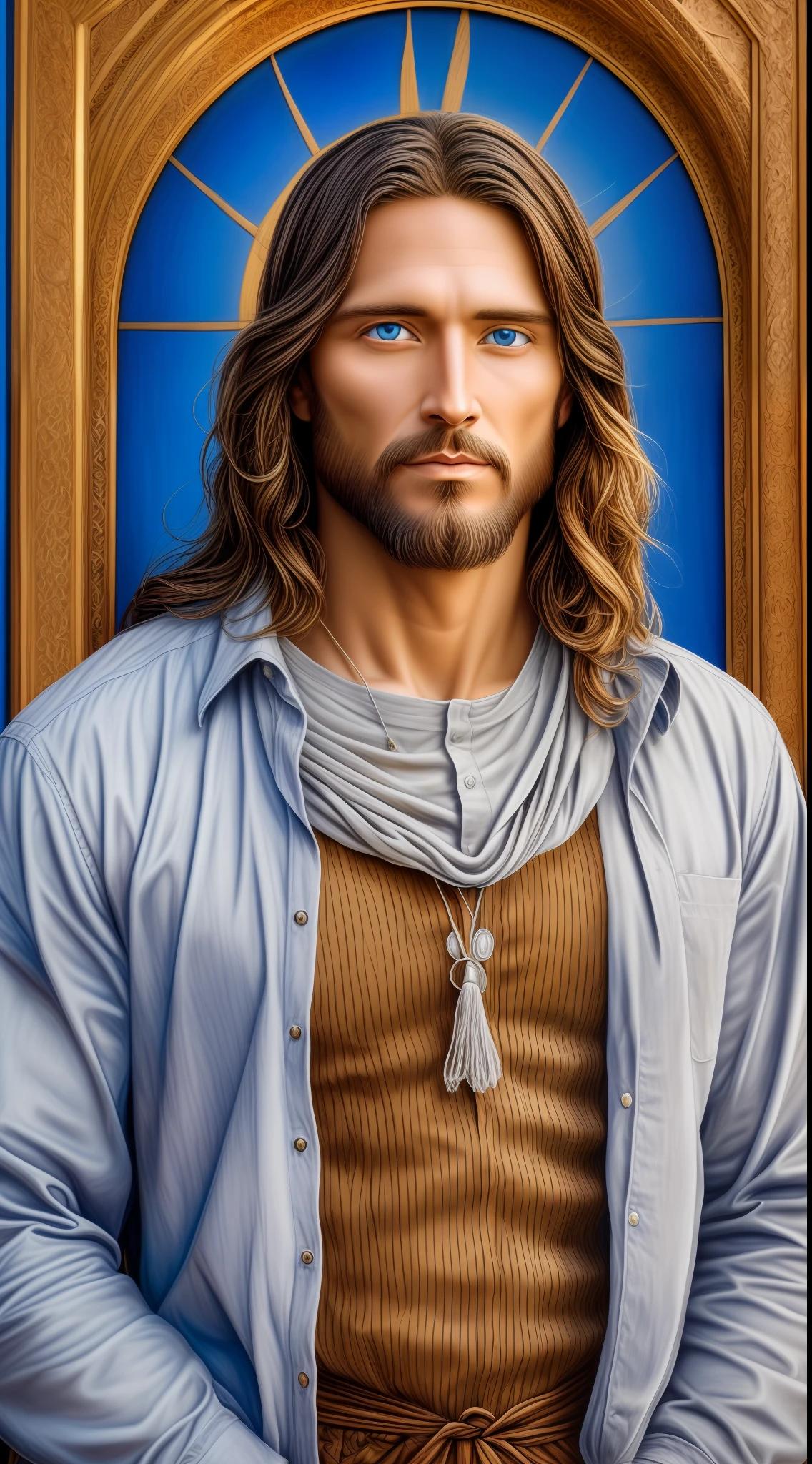 Portrait of a handsome man, Jesus Christ, real blue eyes, sunny day, intricate details.real jesus lord, straight head face, Straight body.