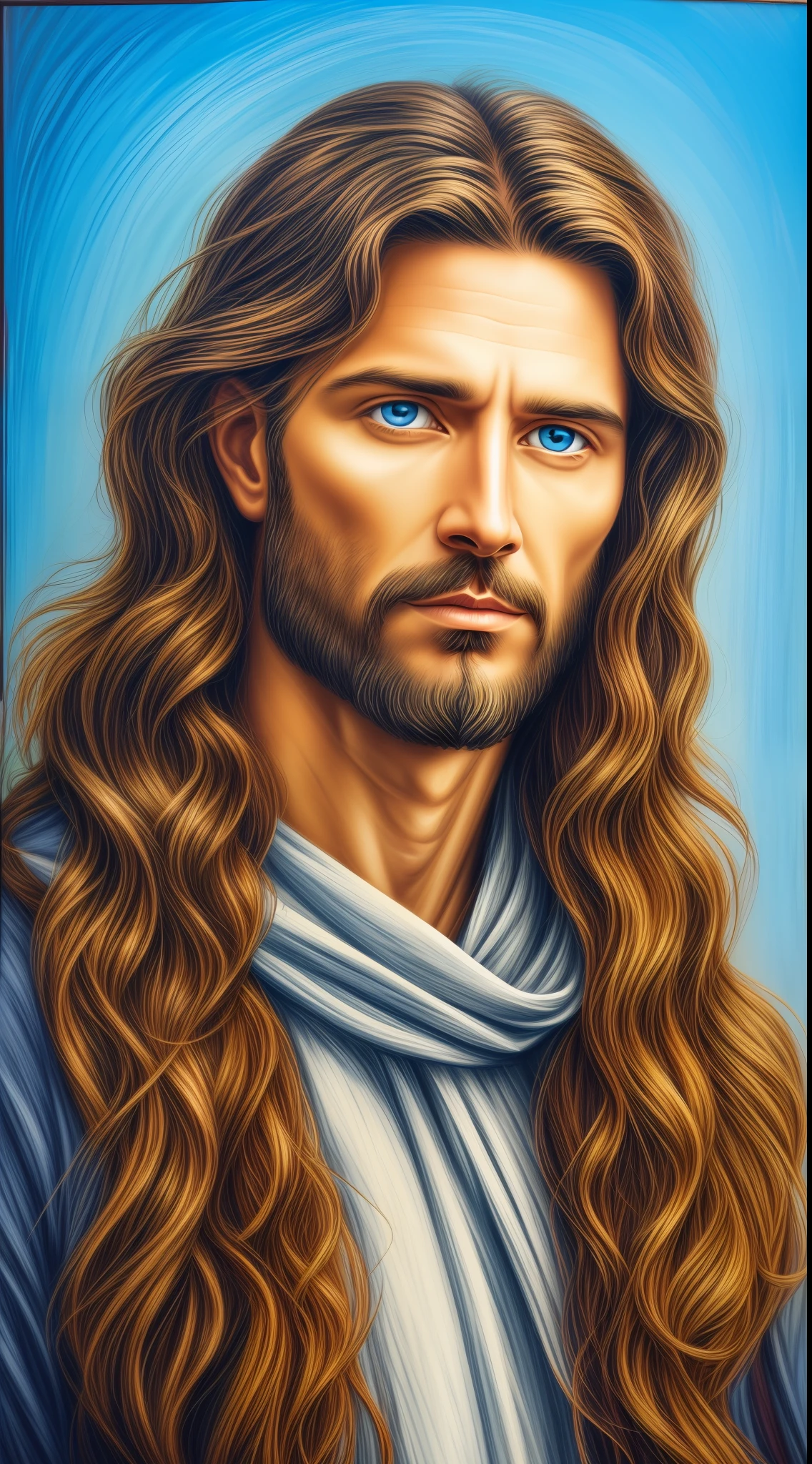 Portrait of a handsome man, Jesus Christ, real blue eyes, sunny day, intricate details.real jesus lord, straight head face, Straight body.