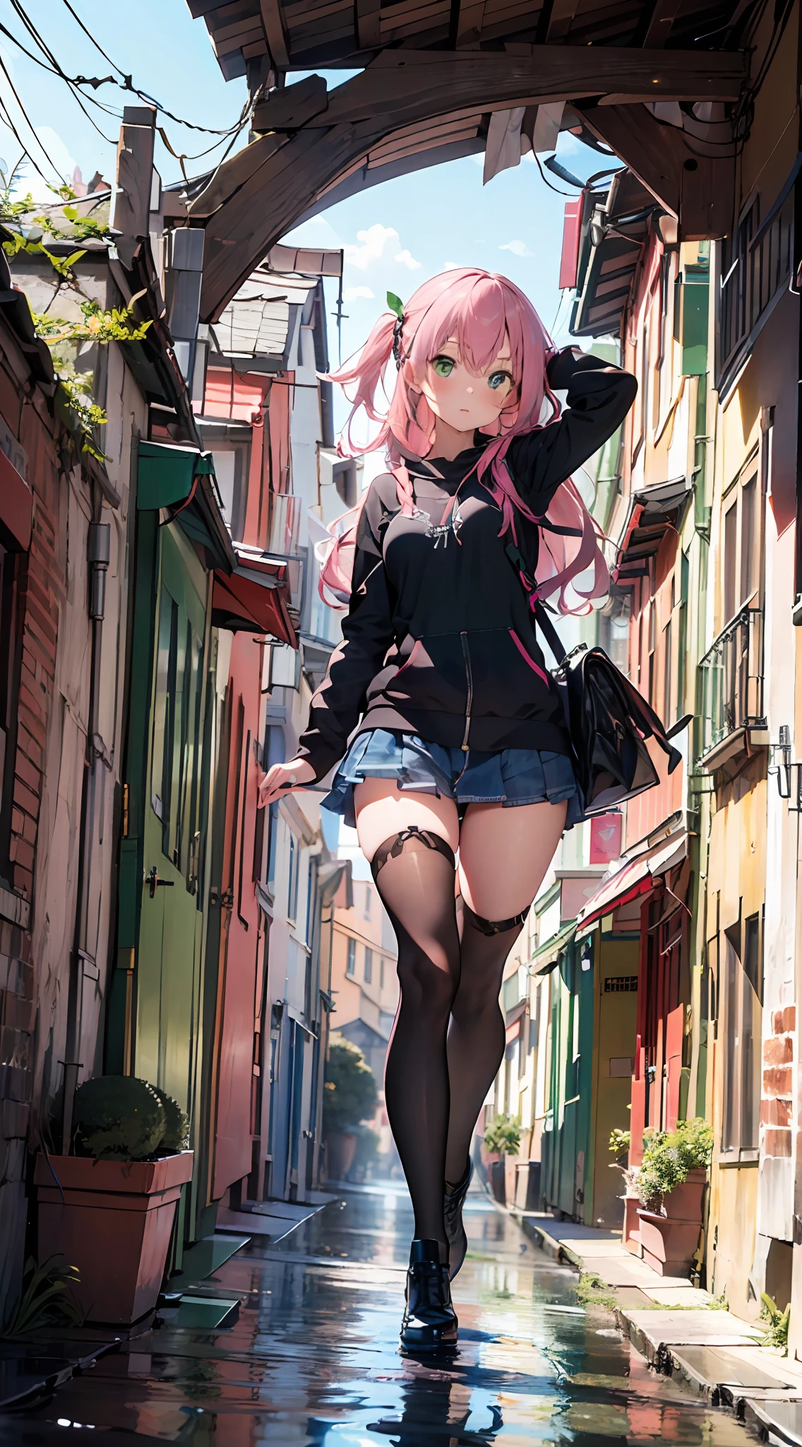 (((masterpiece))),((ultra detailed,best quality, highres, )),fullbody,fullbodyshot (1 girl)((pink hair, long hair,straight hair,two side up)) (green eyes)18-year-old girl.