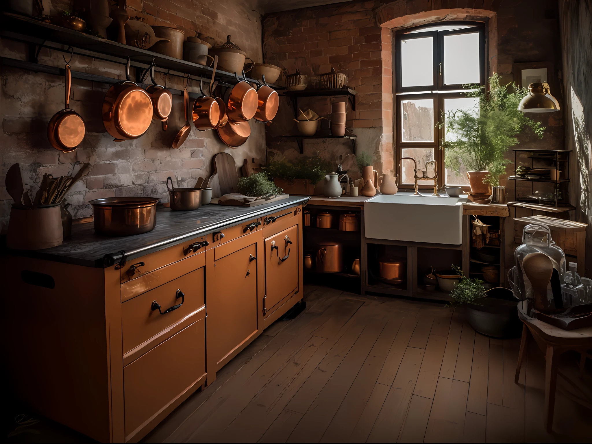 Hay una cocina con fregadero y una ventana, polish mansion kitchen, old kitchen backdrop angled view, foto fija, old kitchen backdrop, Rustic, por Leo Goetz, por Dietmar Damerau, por Sebastian Spreng, por Sigmund Freudenberger, por Petr Brandl, copper and brass, por Jan Tengnagel