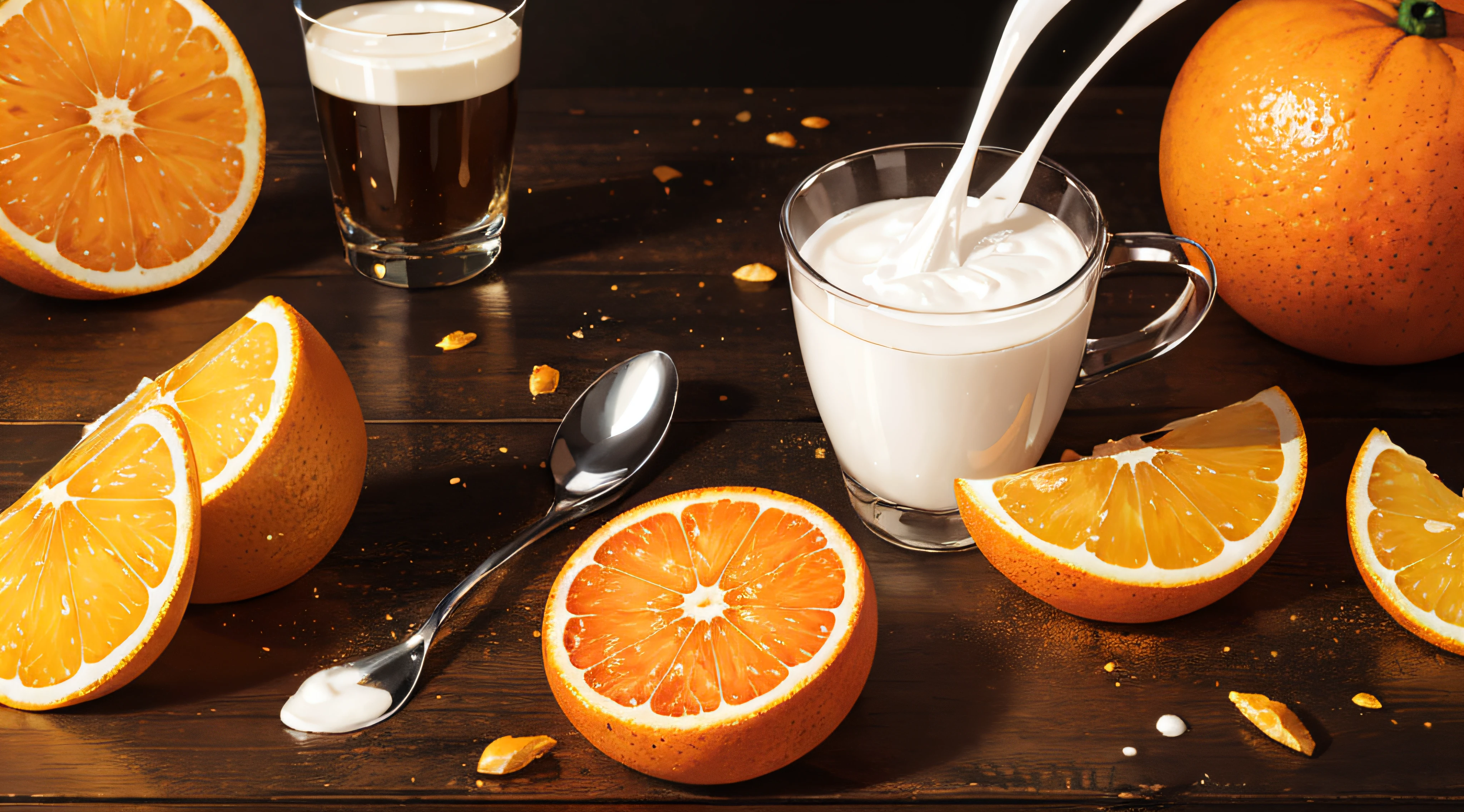 (Fantastic photos:1.3)(Realiy:1.3),(Full of dynamism:1.3)Product photography of cut oranges falling into a glass of milk,splatters,intrikate,Epic,(Artist RHADS:1.3),abundantly detailed,(Provia: 1.3),Realiy感,superhighresolution