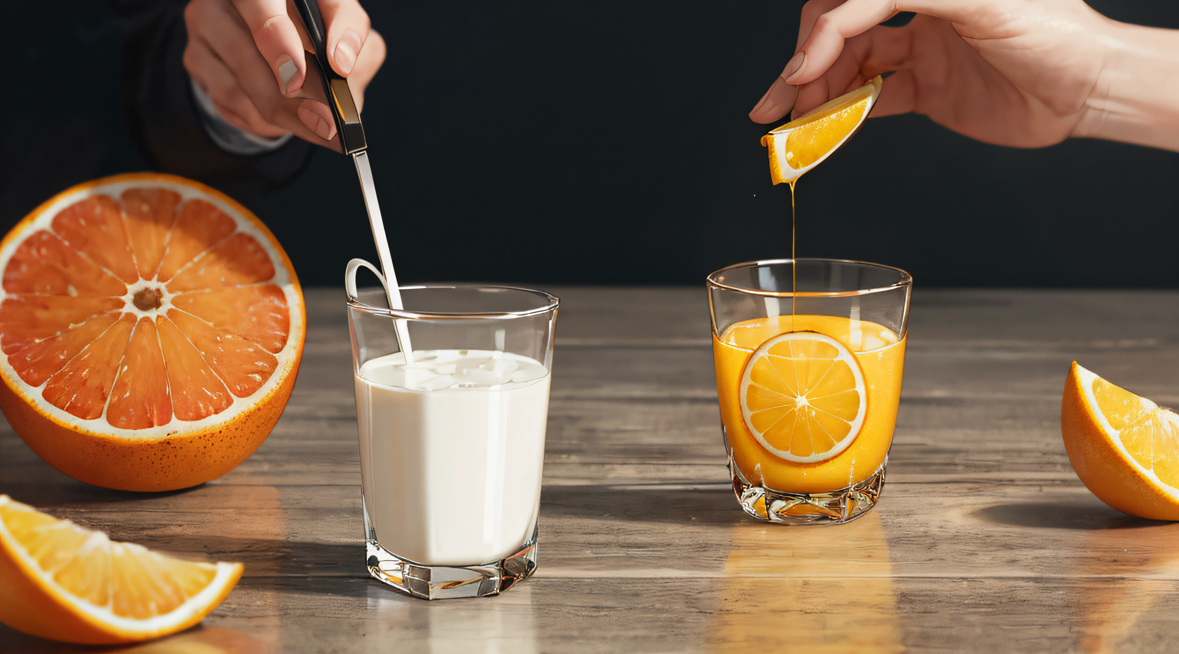 （Fantastic photos：1.3）（Realiy：1.3），（Full of dynamism：1.3）Product photography of cut oranges falling into a glass of milk，splatters，intrikate，Epic，（Artist RHADS：1.3），abundantly detailed，（Provia： 1.3)，Realiy感，superhighresolution