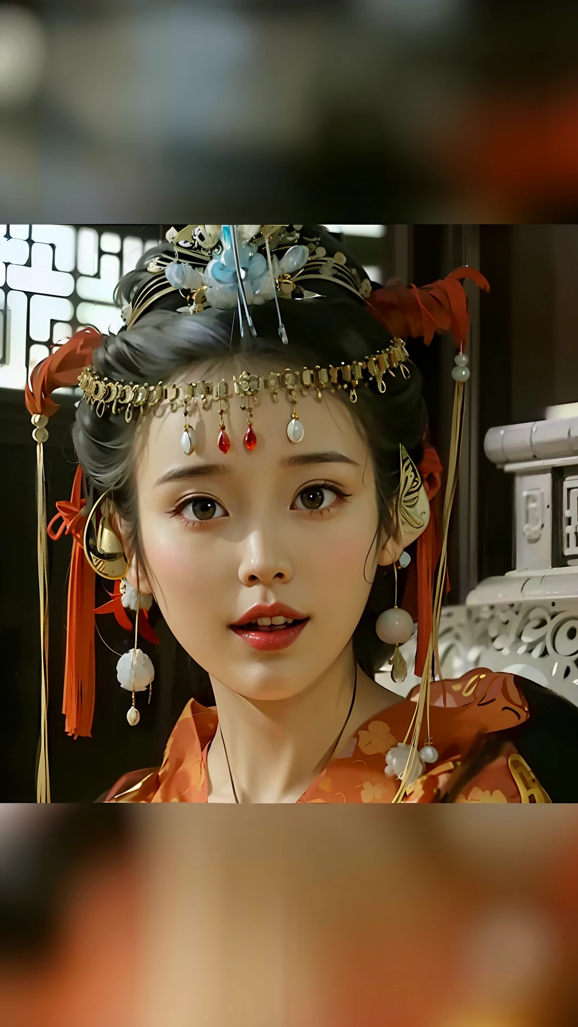 a close up of a woman wearing a headdress and a red dress, China Princess, ancient chinese princess, ancient chinese beauties, queen of the sea mu yanling, royal palace ， A girl in Hanfu, ancient asian dynasty princess, traditional chinese, inspired by Du Qiong, inspired by Li Mei-shu, Traditional beauty, a young woman as genghis khan