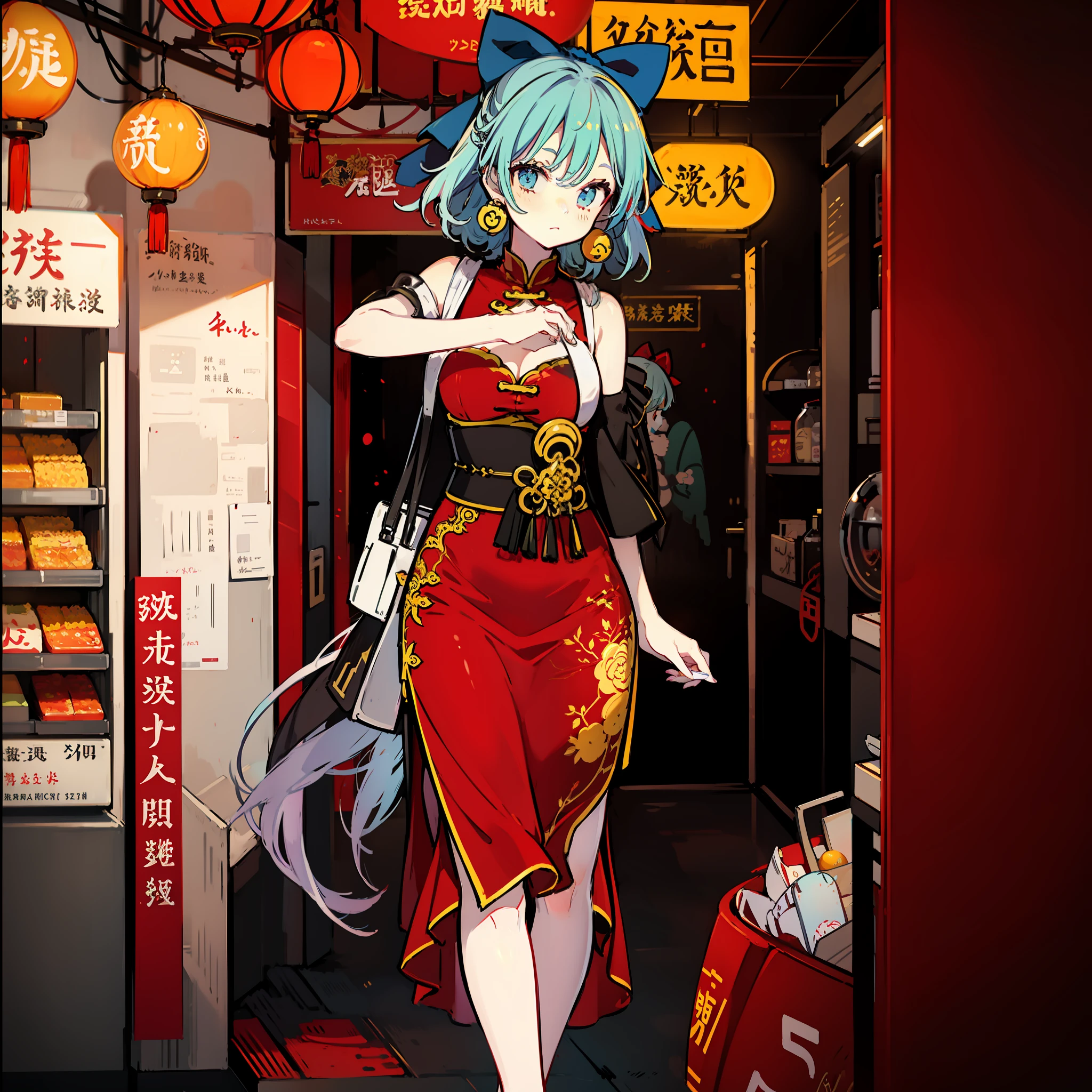 masute piece, Fine detail, 4K, 8K, 12K, Solo, One person, Beautiful Girl, caucasian female, Cirno of the Eastern Project、boobs 、shorth hair、chinese clothes, Chinese dress, Chinatown