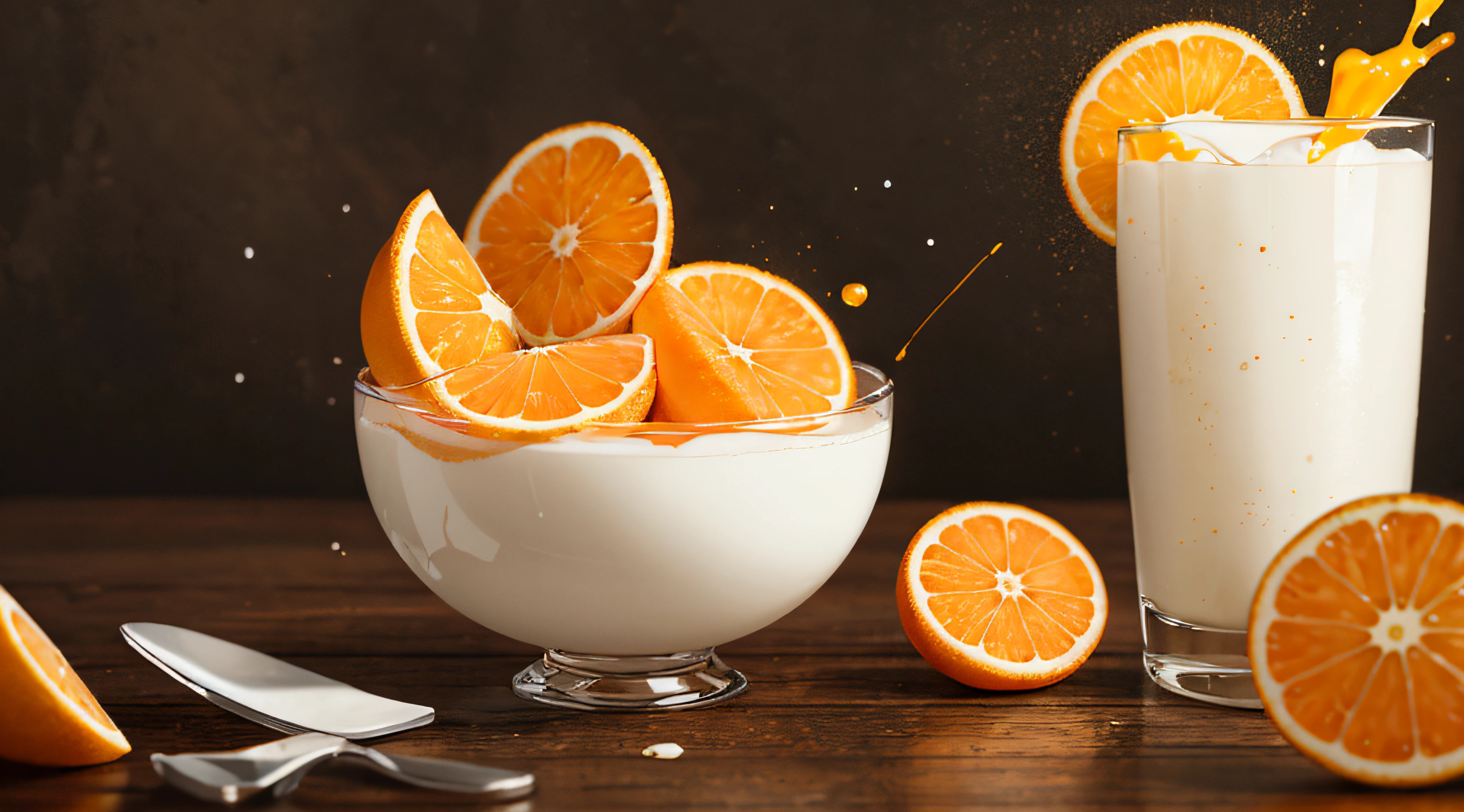 (Fantastic photos:1.3)(Realiy:1.3),(Full of dynamism:1.3)Product photography of cut oranges falling into a glass of milk,splatters,intrikate,Epic,(Artist RHADS:1.3),abundantly detailed,(Provia: 1.3)