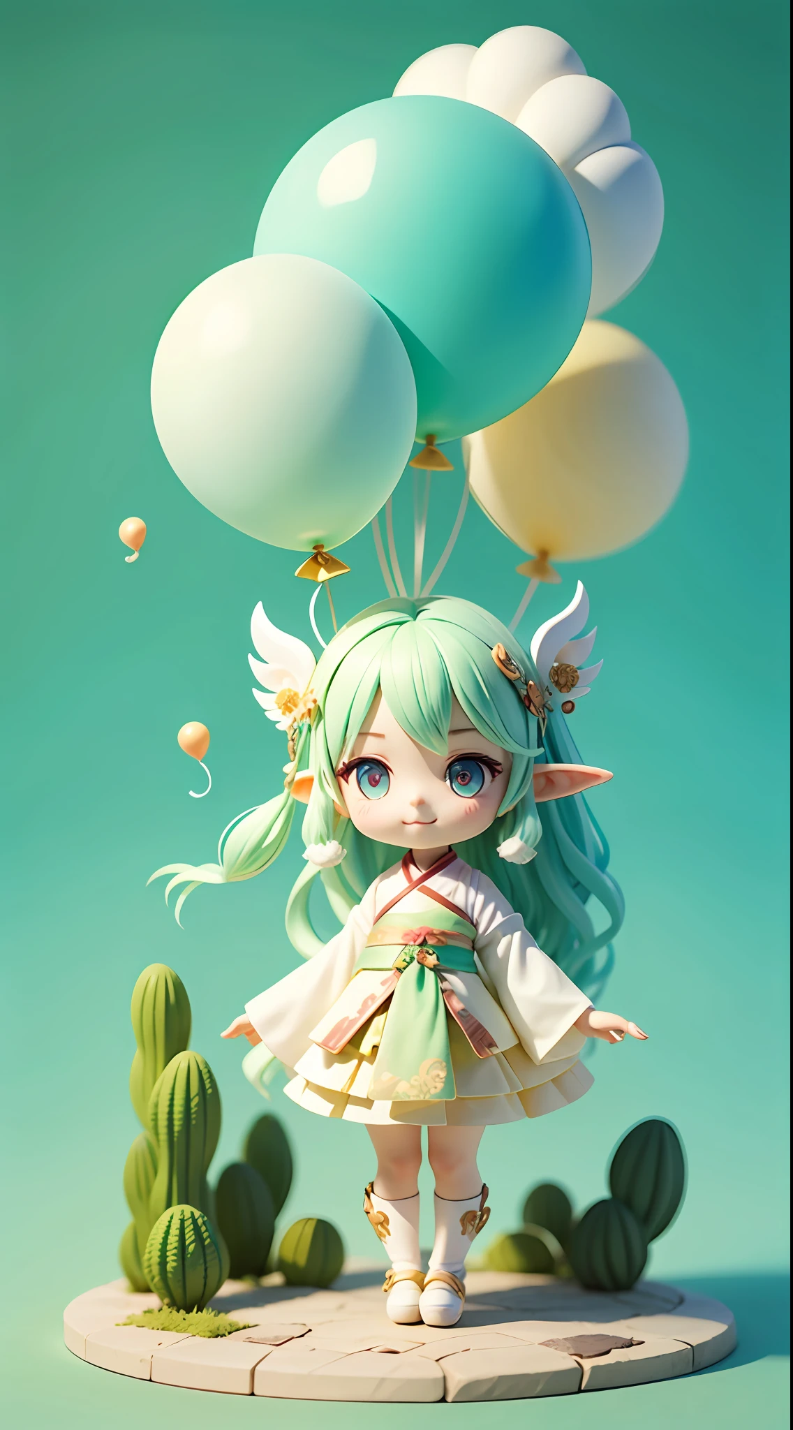 Mythical Elf Chicken,Department of Healing,wearing a hanfu,Phoenix feathers, fluffly, gradient pink ((Best Quority)), ((a masterpiece of)), ( extremedetailed, highest details, offcial art, Beauty and artistic aesthetics:1.2), depth of field, Composition Full body, (Chibi T-Shi), , Long tail(Beautiful and delicate eyes:1.3),(extremely happy:1)(Light mint green and gradient white),Popmart blind box,Clay texture,(Transparent balloons,Clouds decorate background)