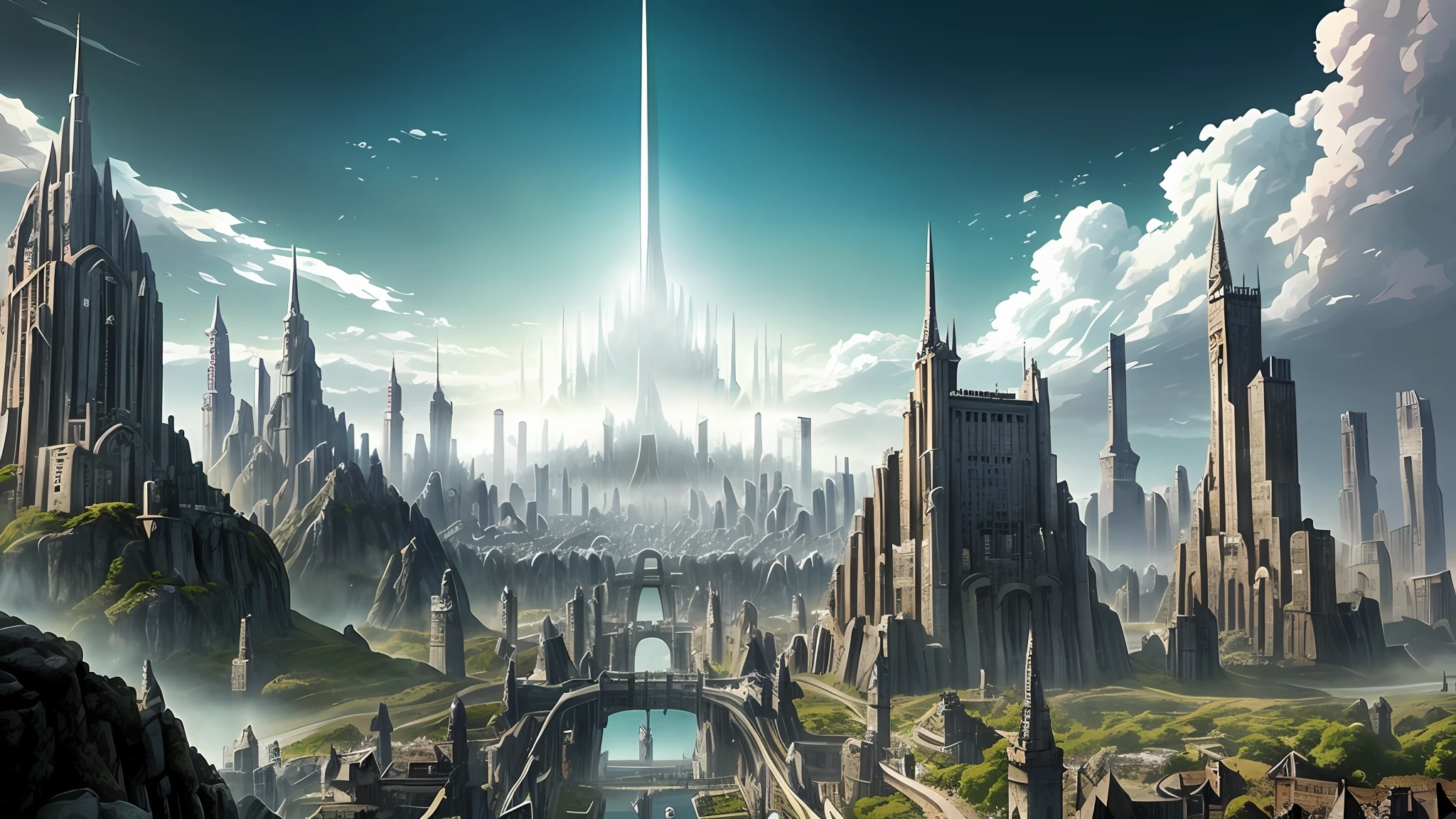 arafed city with a lot of tall buildings and a lot of trees, Mordor como uma cidade movimentada, metropolis filmic gotham city, Enorme futurista Temple City, outra palavra futurista cidade, Grande e estruturada Valhalla City, Minas Tirith ao fundo, Pintura de anime, manga manuscript, colored manga, anime