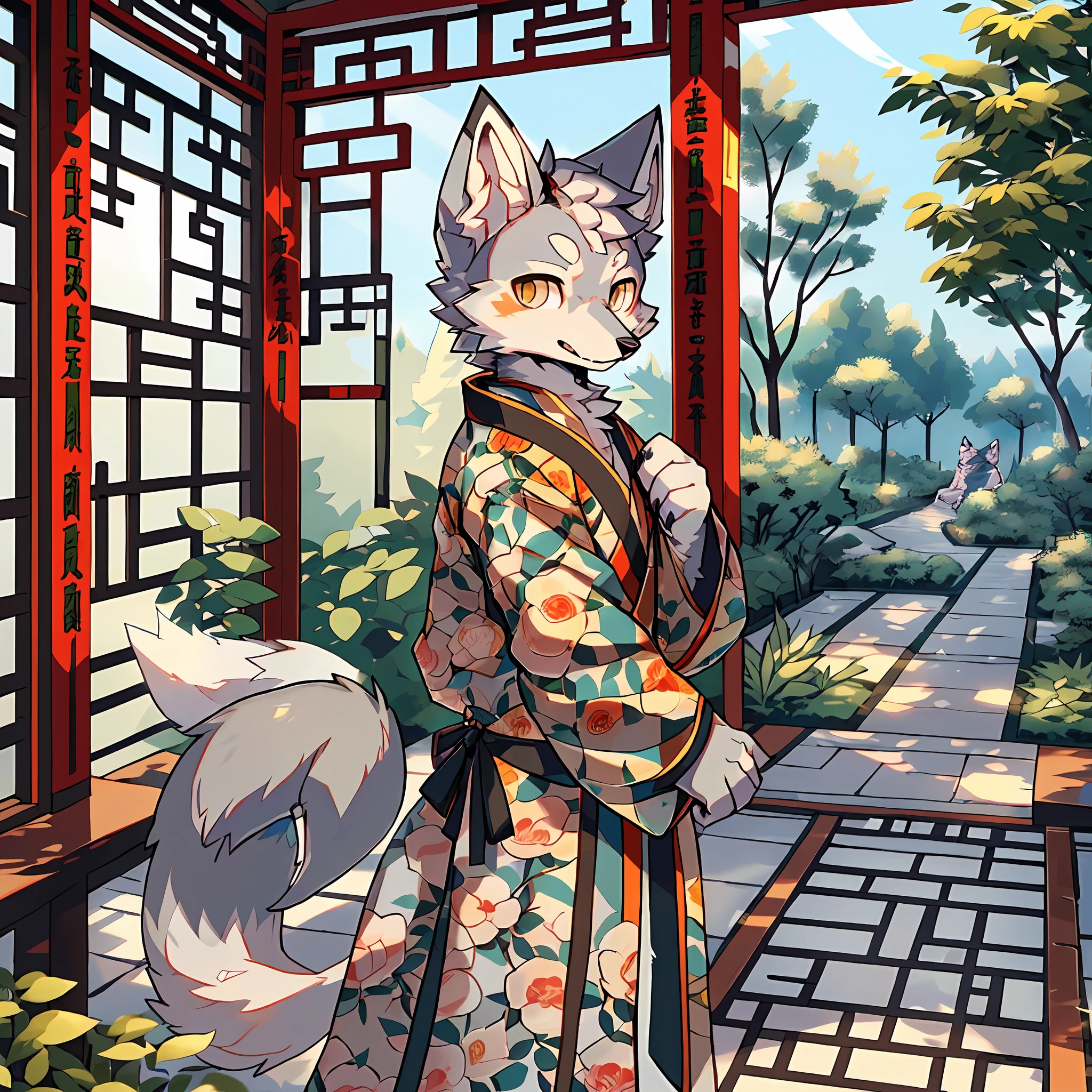 high detail,hyper quality,high resolution,1080P,独奏,furry,(Male Arctic fox:1.5),(Gray fur:1.3),Gray skin,Gray ears,Golden eyes,sharp talons,(Fluffy tail:1.2)，Wearing a Chinese robe，Chinese Taoist costumes，With hands behind your back，In a traditional Chinese garden,Face，Detailed characters