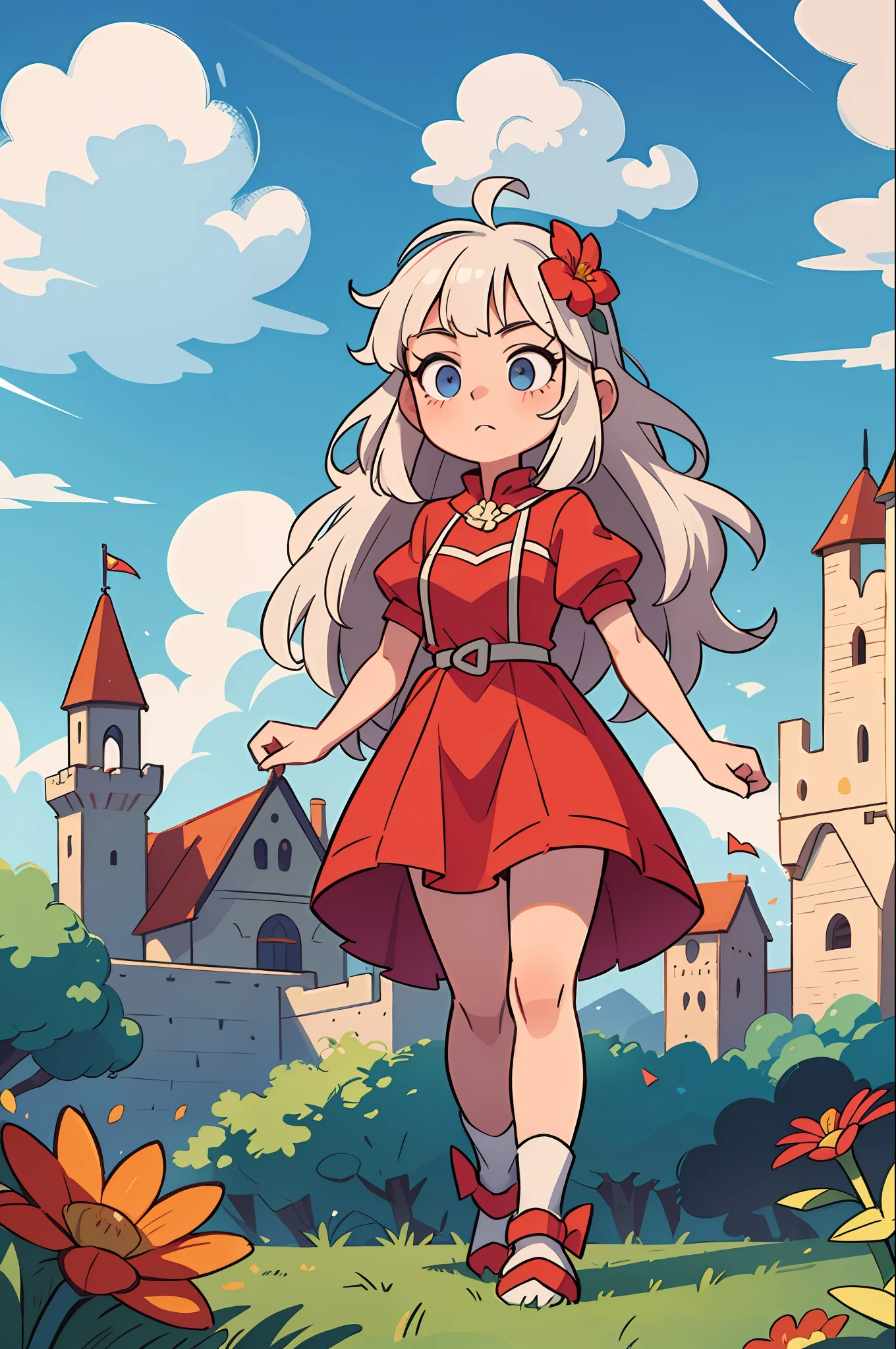 ((best quality, masterpiece)),
1girl, princess pink dress, flowers, white messy hair, outdoor, clouds on background,fantasy, medieval, castle on background