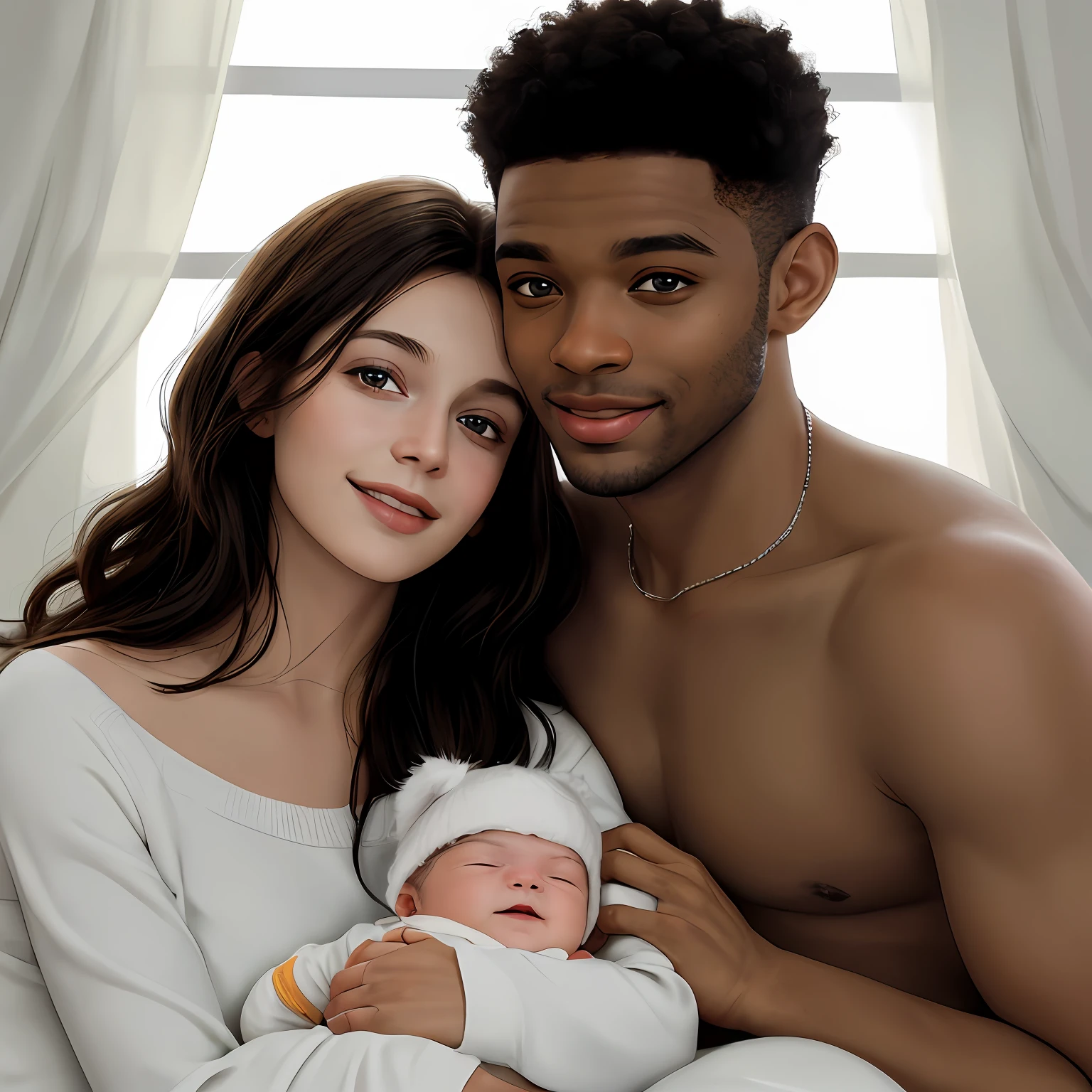 happy 24yr old interracial couple, 1 black man, 2 white girls, playing with a newborn baby, bedroom, home setting, (natural skin texture, hyperrealism, soft light, sharp), daytime, happiness, close-up shot of the baby
