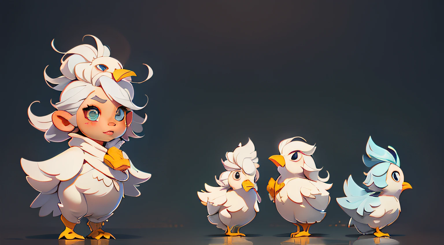 (8K、Raw photography、beste-Qualit、шедевр:1.2)、(realisitic、Photoreal:1.37(Charming chick)、Bird's nest in a huge egg、Little chicken、portlate、cute-cute、Professional Writing、Photon mapping、Physically Based Rendering、a wide shot、Very cute and beautiful chibi anime girl, Simple flat background, Full body, Standing, Highly detailed face and eyes, Clearly outlined, Solo、the pose、Raising both hands、has silver hair、bird cage、Feathered coat、(Chickens on the head、 1 人、(KPOP Idol)