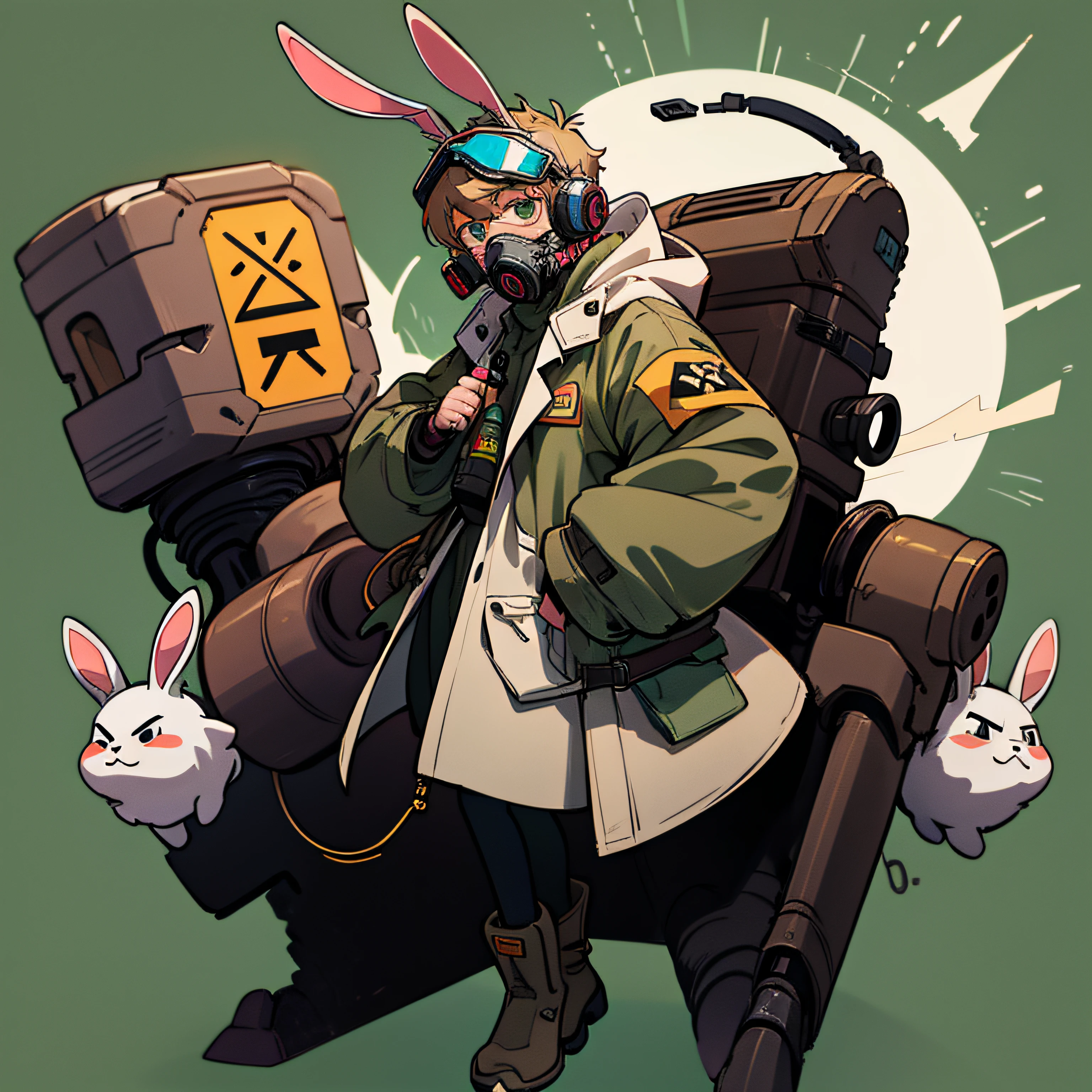 AbzuMix, male people, 小柄, Wearing a gas mask, Wearing headphones, With rabbit ears on the head, The body is a cyborg, white back ground, Wearing machine goggles, Wearing a long khaki coat, Wearing boots, Full body, 1 person, No background