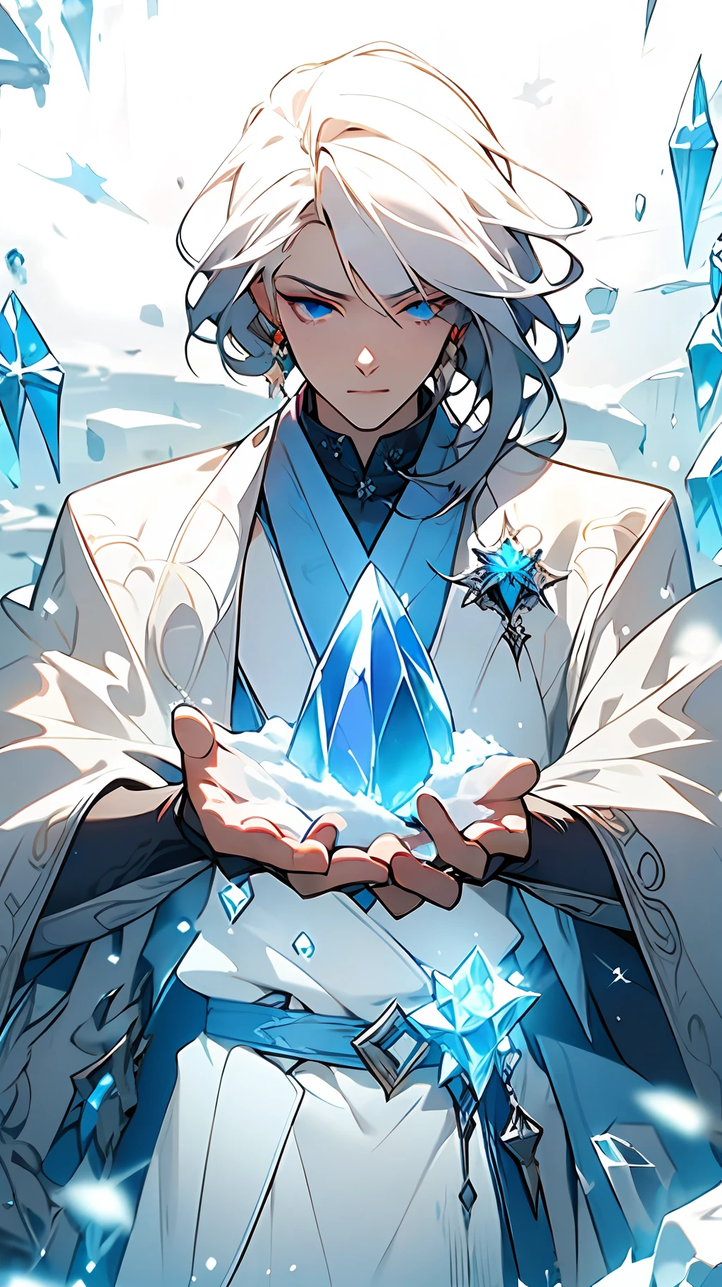Libido boy,Young men,Super detailed wallpaper,Hi-Def,Best Quority,Snow and ice theme,Photorealistic photorealism,s fractal art,With light particles and volumetric light effects,crystal shards,Rendering,Ice and snow scenes,(crystal hair),Land of gems,(((Transparent hair))),Simple white clothes,long white robe,holy glow,Dingdall effect