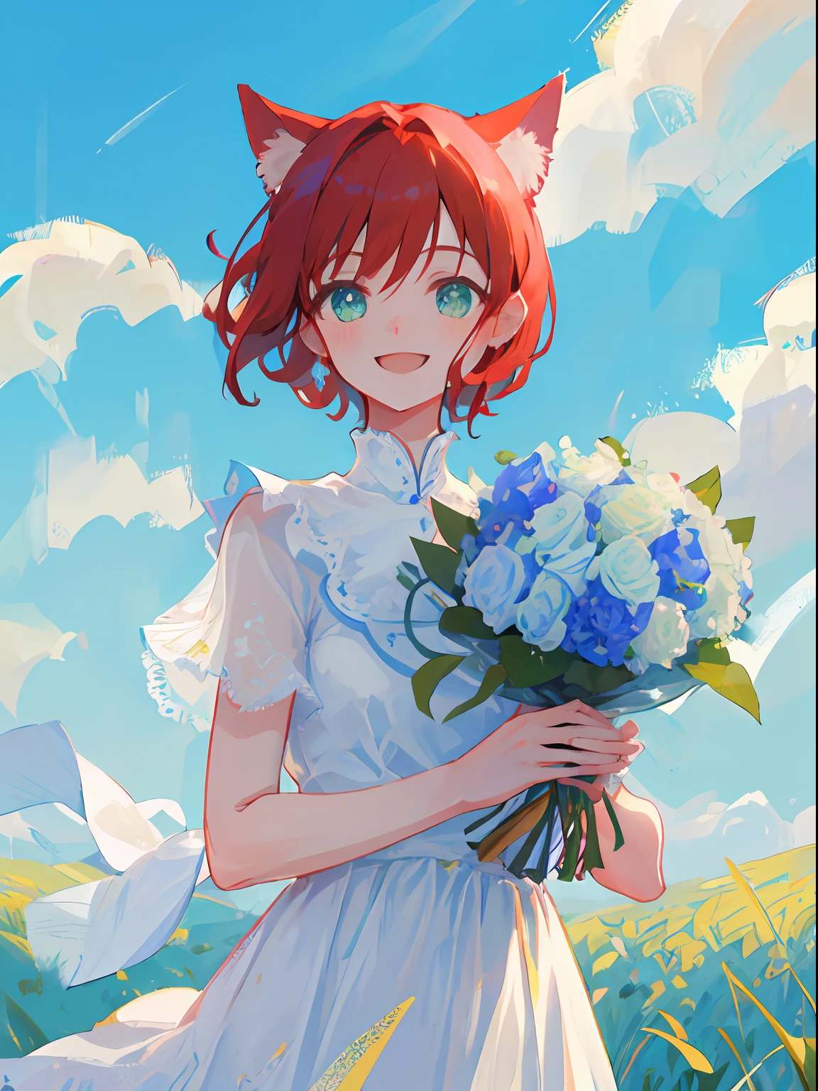 Girl, red hair, short cut, green eyes, cat ear beautiful eyes, smile, happy, white dress, bouquet, holding with both hands, upper body, on grassland, blue sky