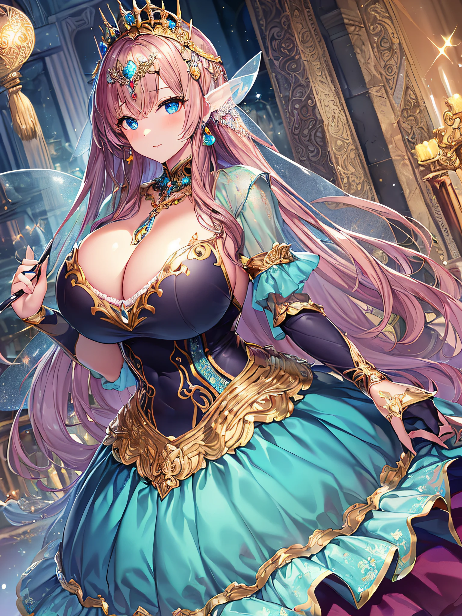 ((anime artstyle)),(Masterpiece),(Best Quality), (Super Detail),((Very Delicate and Beautiful)),Focus on character,Dynamic Angle,Looking at viewer,((Solo)),standing,(((full body))),(((one fairy tale world princess in gorgeous ball gown with voluminous skirt))),detailed face and eyes,jewel-like eyes,((Very Long voluminous Hair)),gorgeous embroidery and lace,See-through,ornate ruffles,Gorgeous jewelry ornaments,luxury hair ornament,luxury tiara with jewels,(gigantic breasts,Long breasts),full body,((fairy tale world)),fairy tale atmosphere,jeweled ball gown,((gorgeous ball gown with voluminous skirt))