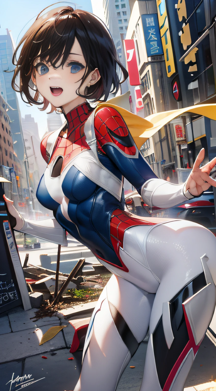 （（（Best Quority））），（（（hyper detailled））），（（（masterpaintings））），（（（manga book））），Cool Gwen superhero，White Spider-Man，Female Gwen Spider-Man，The action is exaggerated and handsome，Gwen Spider-Man's signature move，Dynamic，Voice bubbles，Fighting，bang between eyes，The background is the ruins of the city after the Great War，Epic cinematic footage。