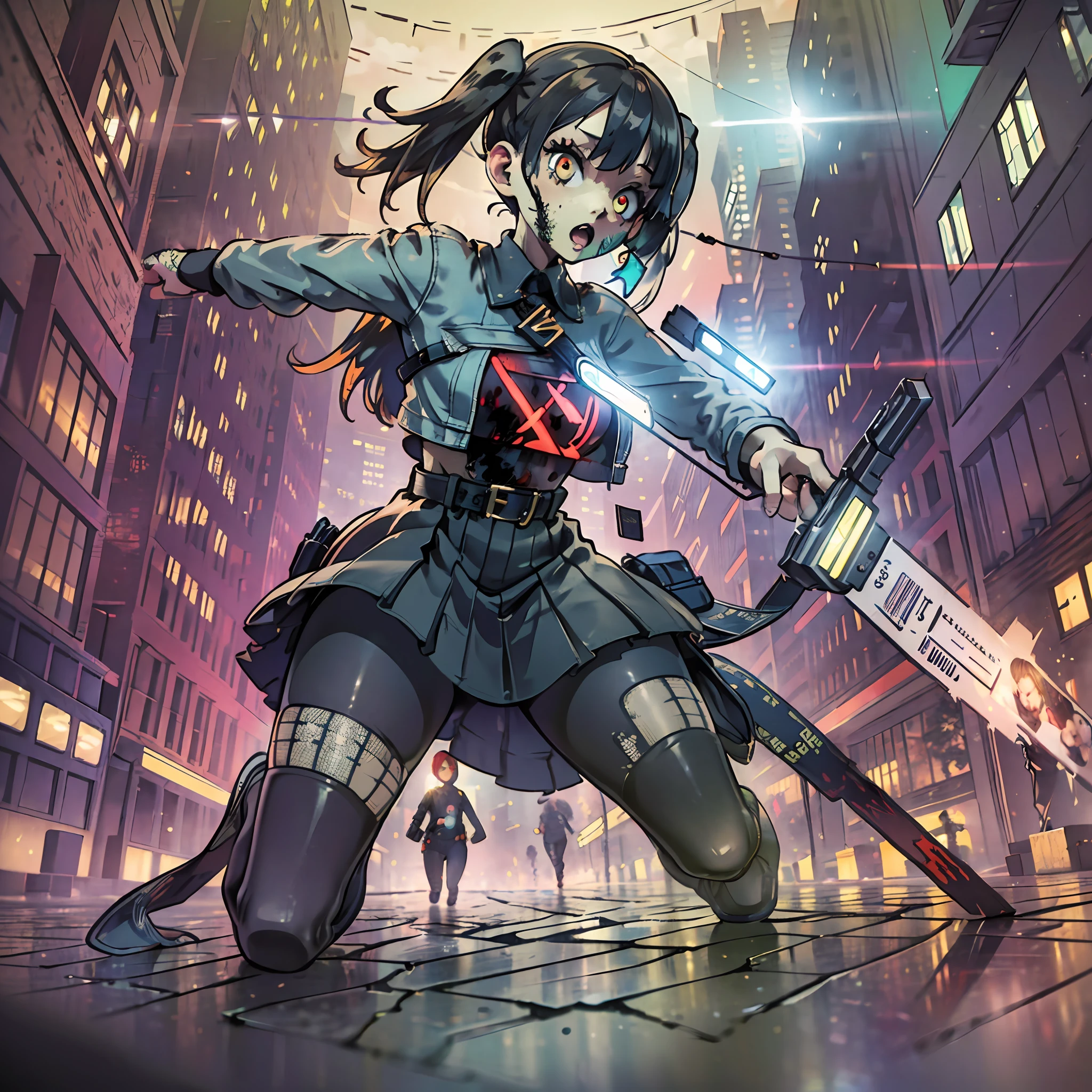 (award winning 8k concept art:1.3) of (young woman attacking the viewer, many zombies:1.3), extremely detailed background, darkness, flash, close to camera, sweet, front, epic, (masterpiece:1.4), (best quality:1.4), Amazing, beautiful, finely detailed, (Depth of field:1.4), 8k, fine art, stunning, (light reflections:1), (crisp:1.6), red twin tails, vibrant, (edge detection:1.4), absurdres, impressive, 120mm, clear, lens flare, wide shot, wide angle, colorful, scenery