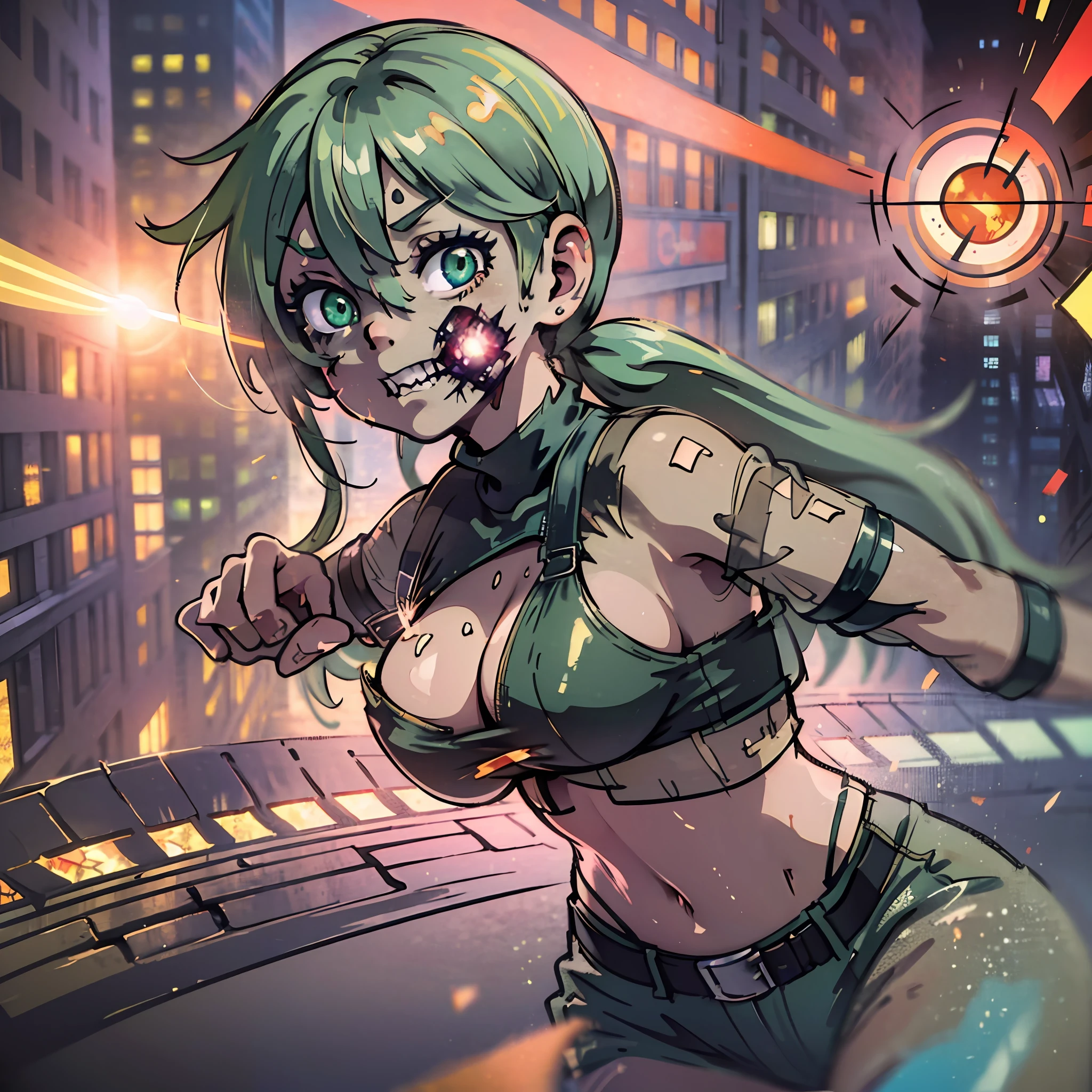 (award winning 8k concept art:1.3) of (young woman attacking the viewer, many zombies:1.3), extremely detailed background, darkness, flash, close to camera, sweet, front, epic, (masterpiece:1.4), (best quality:1.4), Amazing, beautiful, finely detailed, (Depth of field:1.4), 8k, fine art, stunning, (light reflections:1), (crisp:1.6), red twin tails, vibrant, (edge detection:1.4), absurdres, impressive, 120mm, clear, lens flare, wide shot, wide angle, colorful, scenery