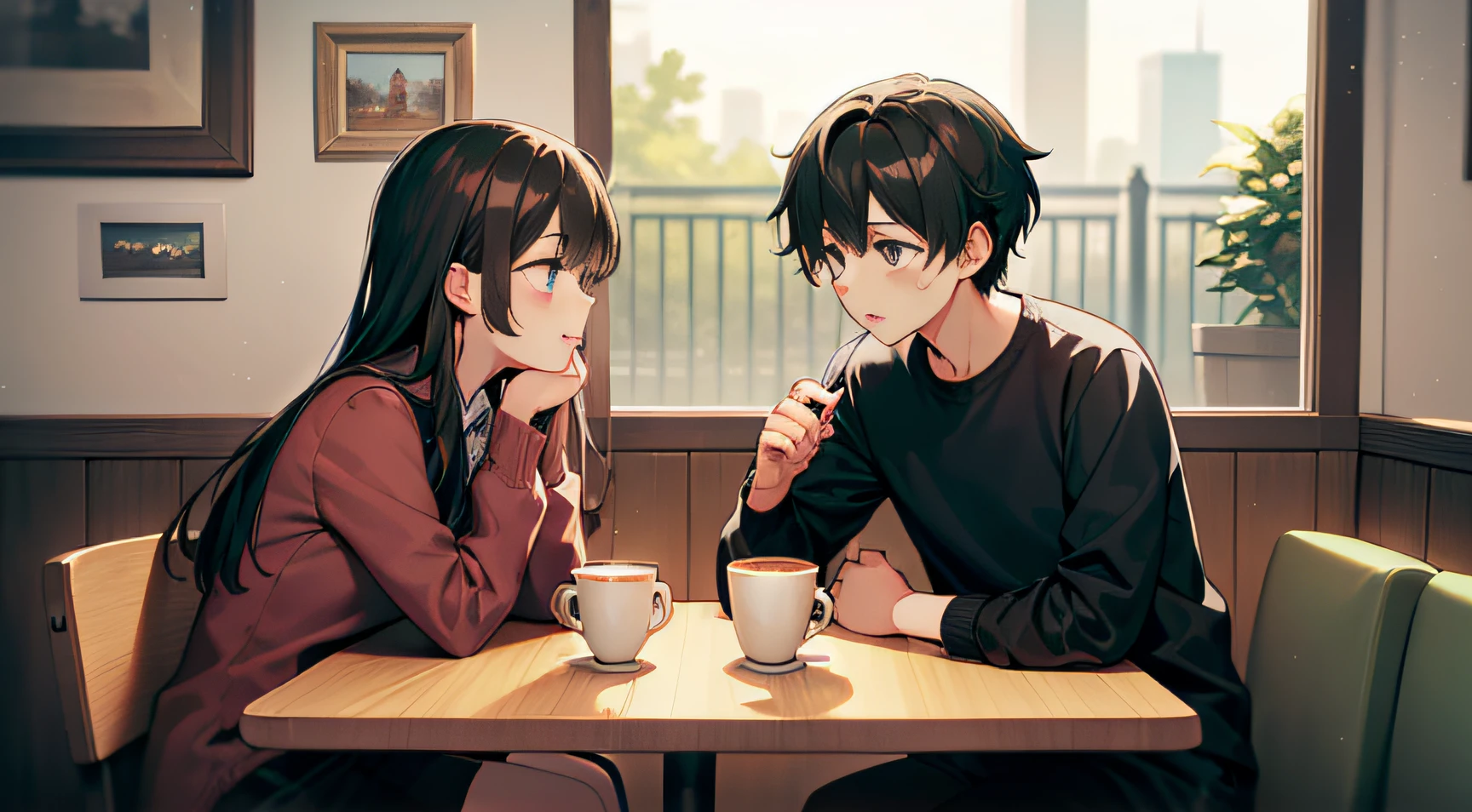 Setting: A whimsical coffee shop.girl and boy sit at a table, chatting animatedly [ Animal style 2D] Make the boy hand perfect