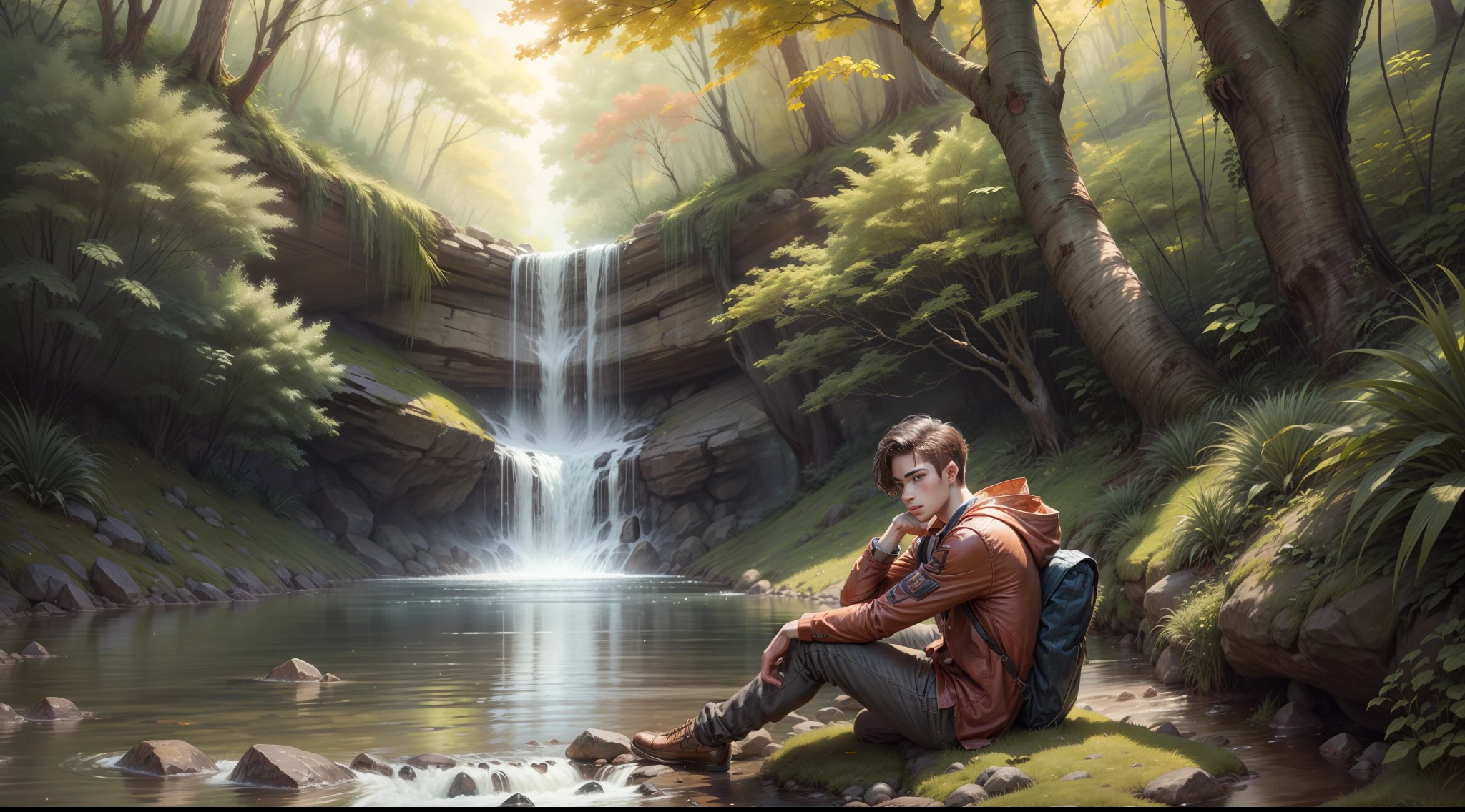 a young man sitting under a tree beside a stream