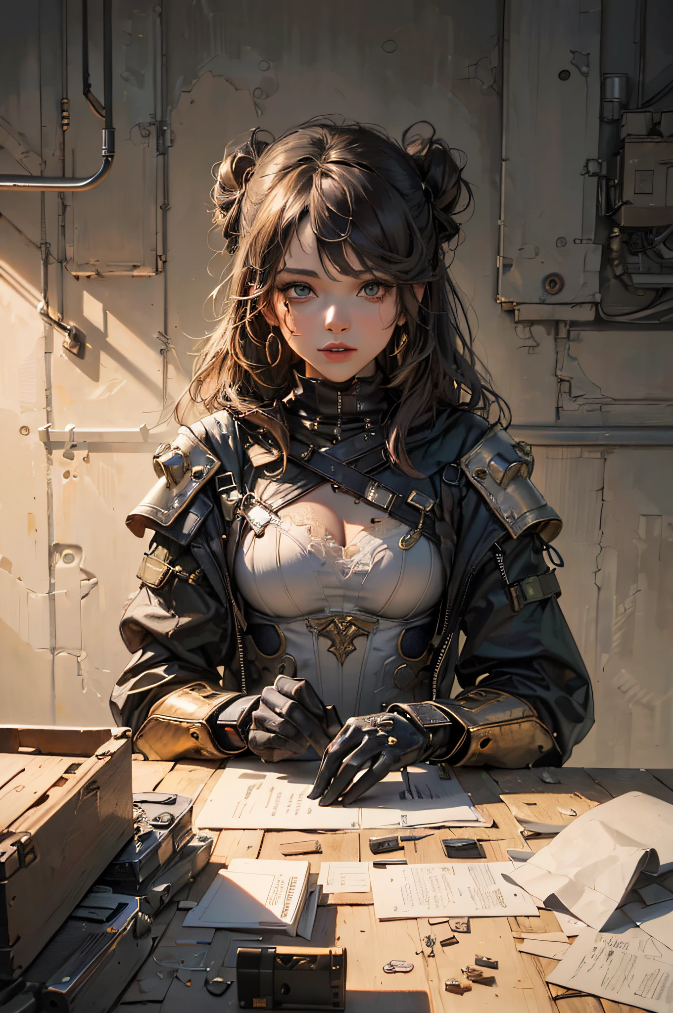 (1girl:1.3), looking at viewer, (steampunk suit, Maven, big natural sagging breast ,cleavage, marked cameltoe,Toned, Round Face, Olive Skin, Brunette Hair, Blue Eyes, Wide Nose, Full Lips, Receding Chin, Long Hair, Straight Hair, Wavy Updo, soft breasts, Threader earrings, golden, matte lipstick, Dystopian steampunk metropolis),(masterpiece, best quality, detailed shiny skin:1.2), flawless, 8k, RAW, highres,absurdres,