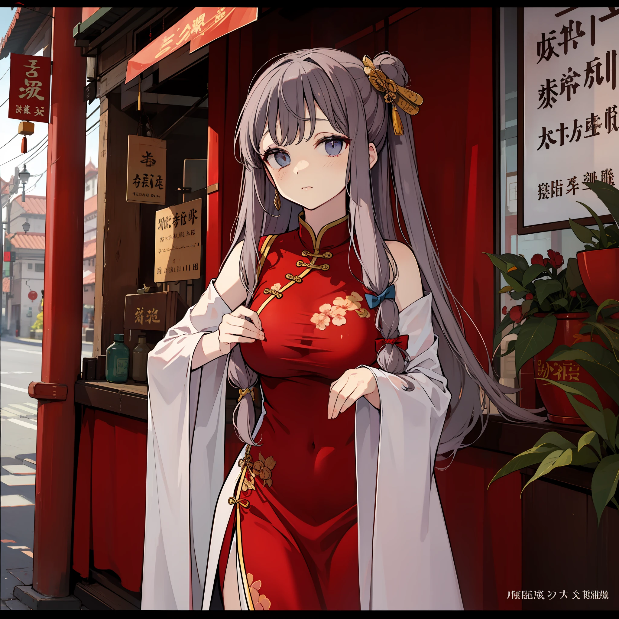 masute piece, Fine detail, 4K, 8K, 12K, Solo, One person, Beautiful Girl, caucasian female, Patchouli Knowledge of the Eastern Project、TITTIES、chinese clothes, Chinese dress, Chinatown