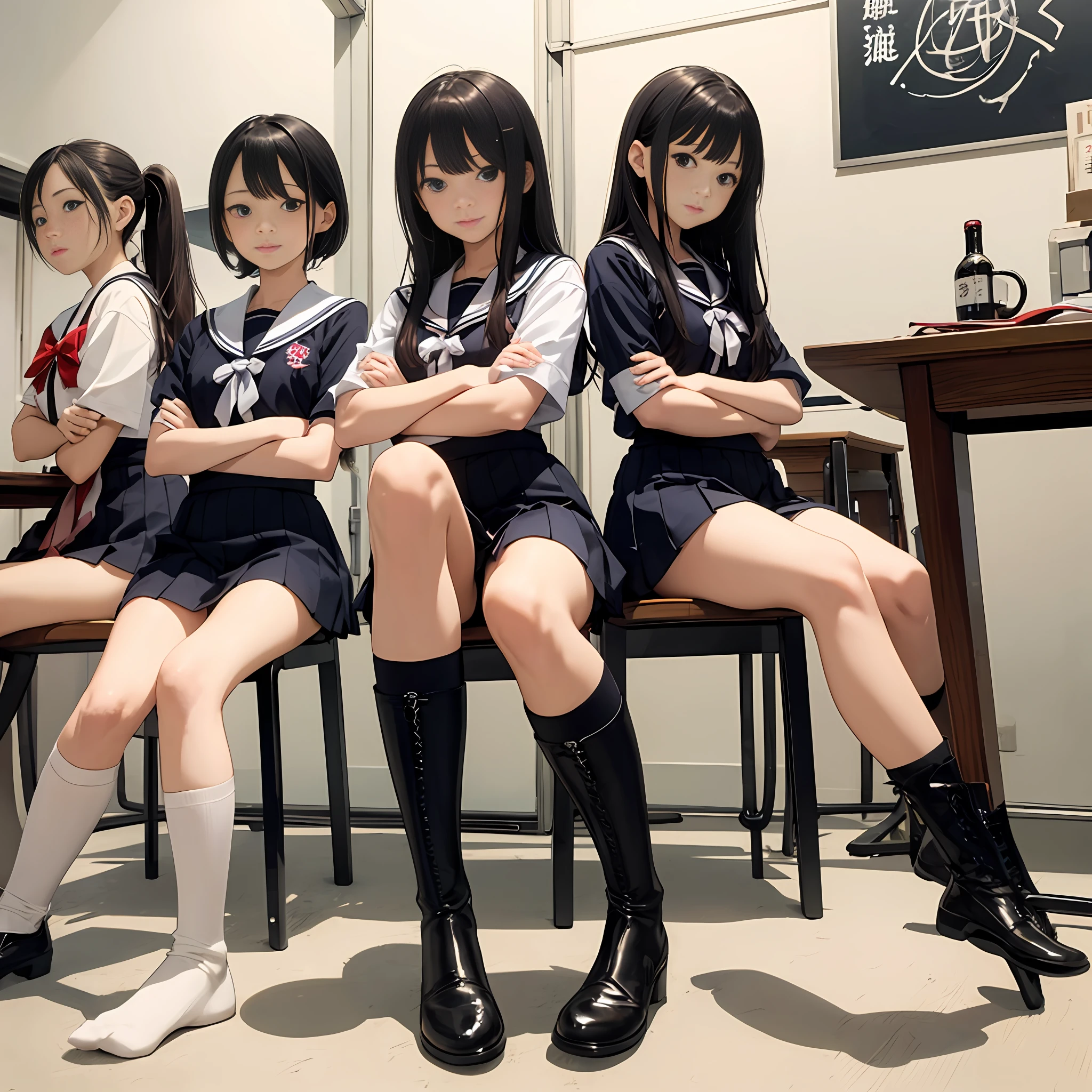 Raising legs、 long boots、Japanese high school girls、sailoruniform、Black High Socks、Sit on a chair and cross your legs、Cross your arms and look down、Proud appearance、
