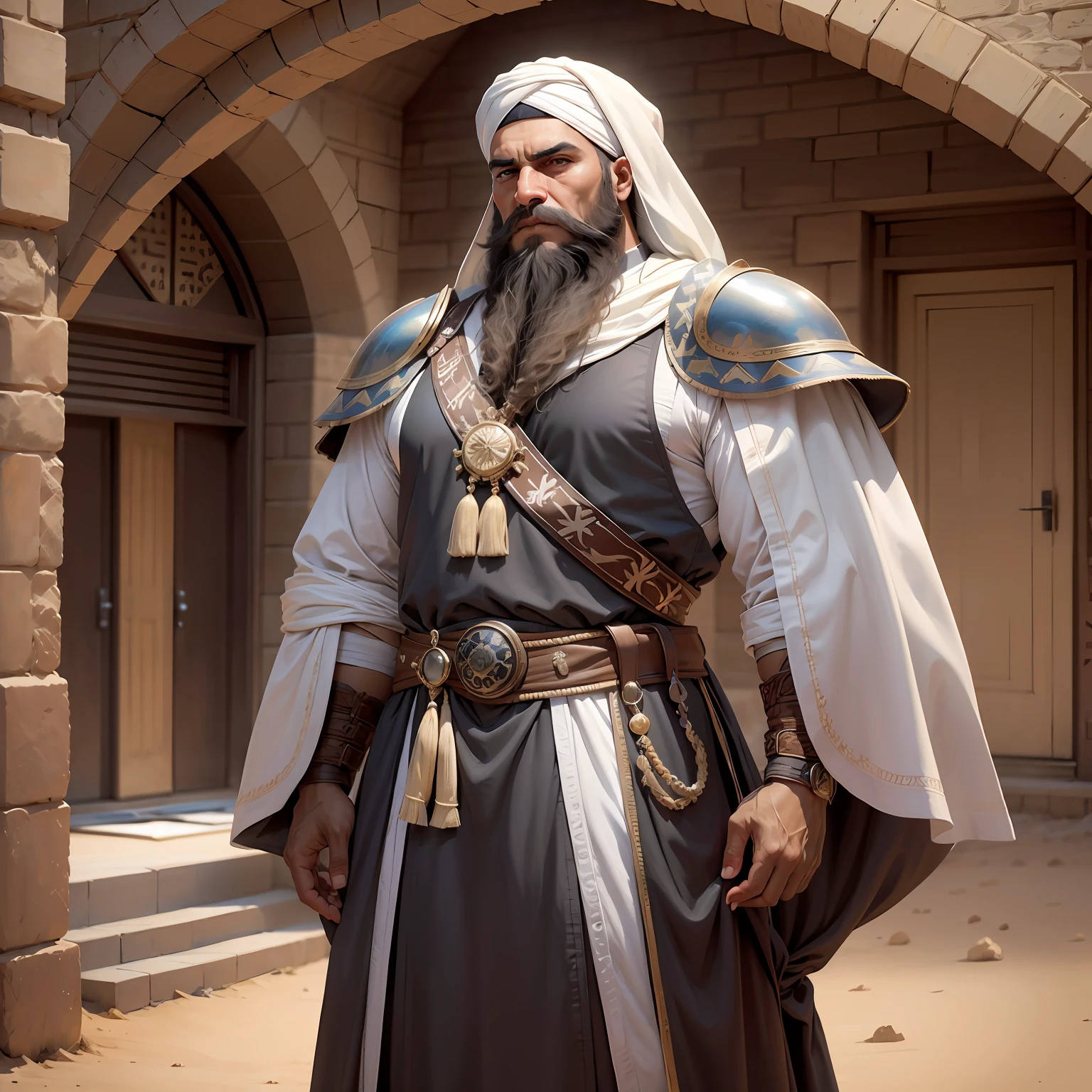 (extremely detailed, best quality), an Arab old warrior dressed in a fancy outfit, (cool background:1.3). --auto