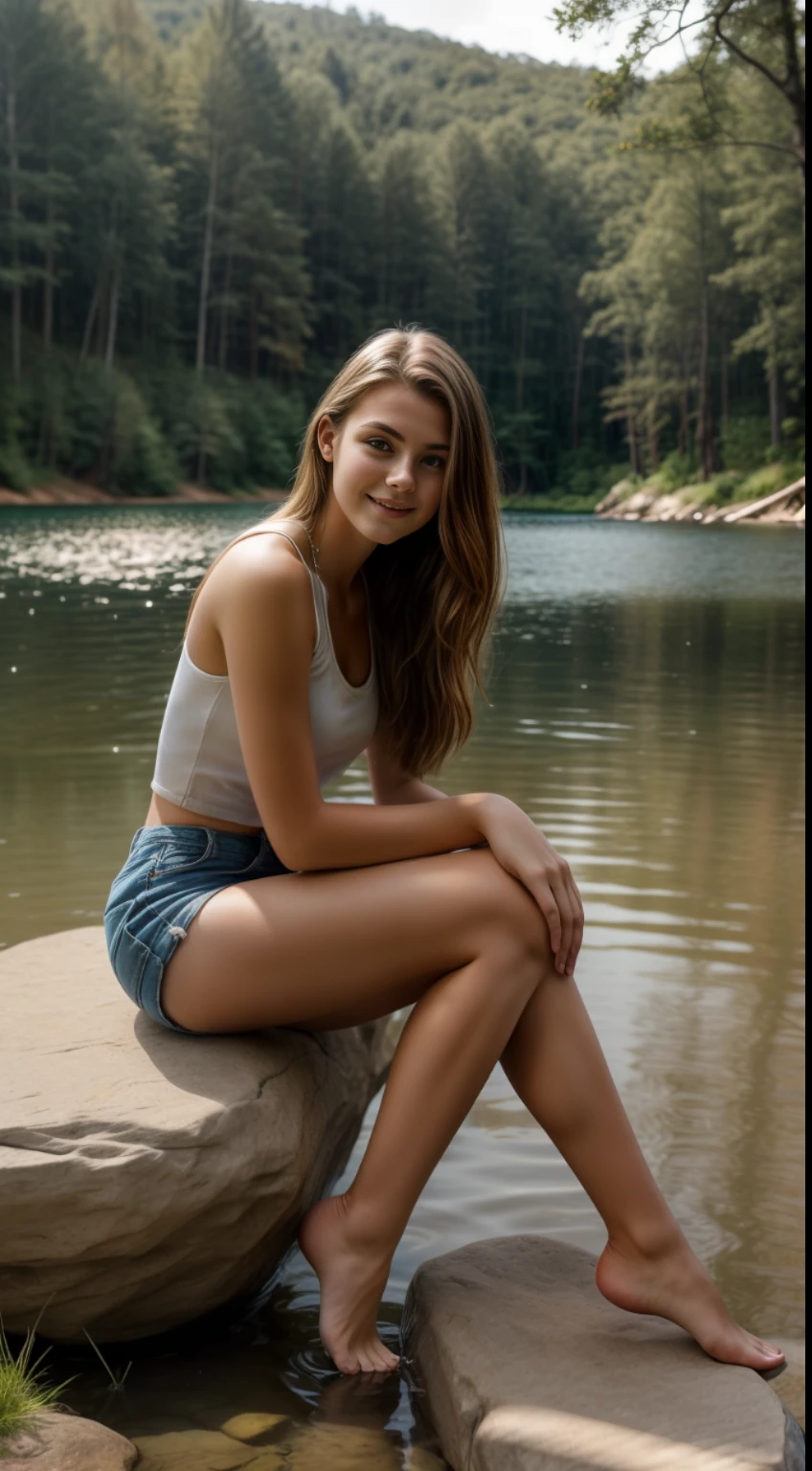Creates a very beautiful young woman with a delicate face, 18 years old, sitting on a stone by a lake in the forest with her legs apart