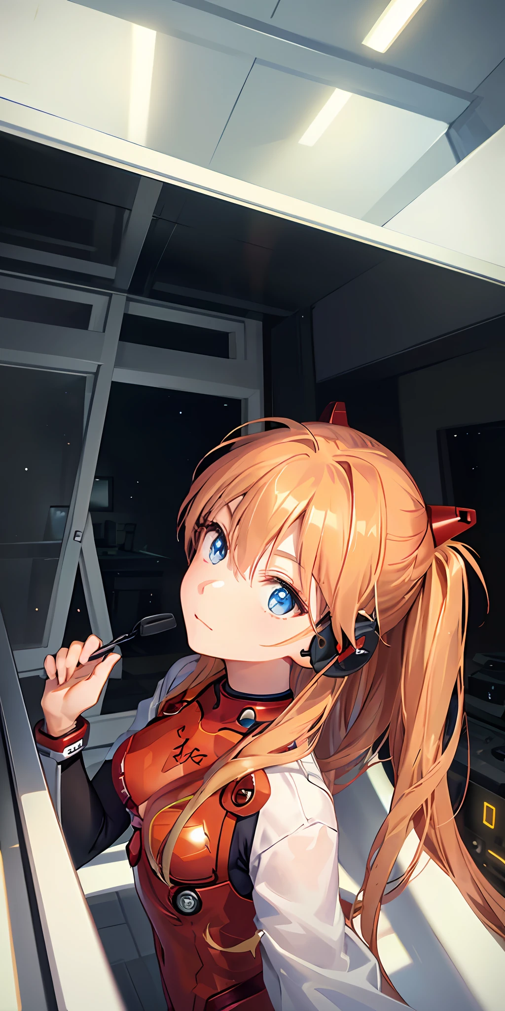 (Overhead view),dynamic angle,ultra-detailed, illustration, close-up, straight on, 1girl, 
 ((souryuu asuka langley, interface headset, red bodysuit:1.4, blonde)),Her eyes shone like dreamy stars,(glowing eyes:1.233),(beautiful and detailed eyes:1.1),(expressionless,closed mouth),(standing), 
(mechanic room with toolsand spaceship windowin a white SPACESHIP),
(night:1.2),dreamy, [[delicate fingers and hands:0.55]::0.85],(detail fingers),