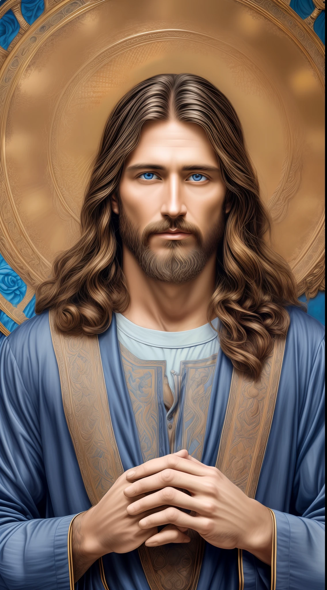 Portrait of a handsome man, Jesus Christ, real blue eyes, sunny day, intricate details.real jesus lord, straight head face, Straight body.Pray god