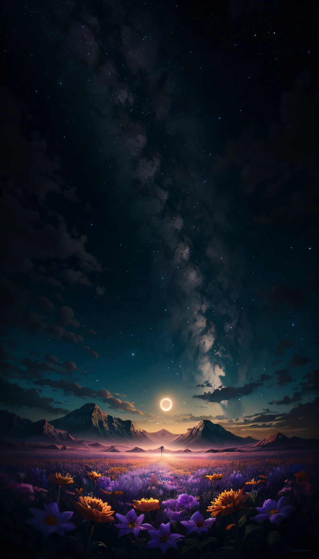 Expansive landscape photograph，（look from down，Above is the sky，Below are open fields），A girl standing on a flower field looking up，（moon full：1.2），（meteors：0.9），（Starcloud：1.3），far away mountain, Tree BREAK making art，（Warm light source：1.2），（glowworm：1.2），lamp lights，Lots of purple and orange，Complicated details，Volumetriclighting，Realism BREAK（a masterpiece of：1.2），（Best Quority），4k，Ultra-detailed，（dynamic compositions：1.4），abundantly detailed，Colorful details，（Iridescence color：1.2），（luminouslighting，Atmospheric lighting），dreamlike，magical，（独奏：1.2）
Negative label