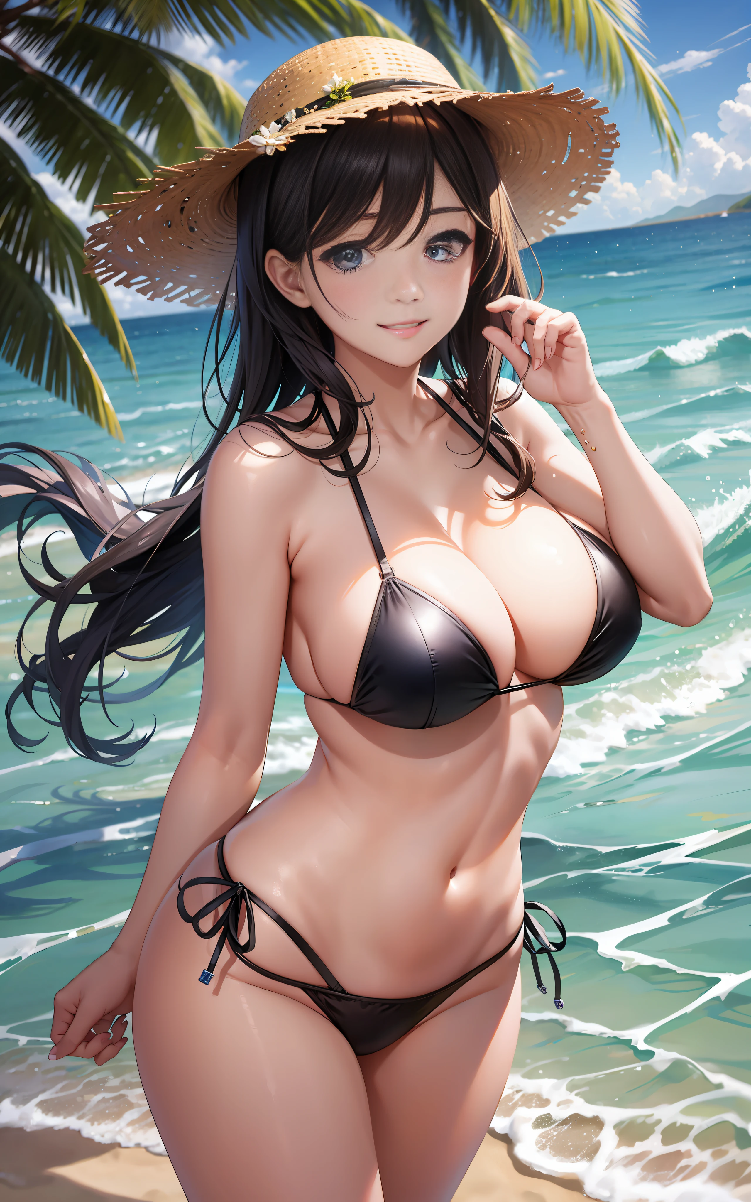 Girl Huge breasts,sandbeach,light wind,比基尼,smil,sun beam,of a real,realisticlying
