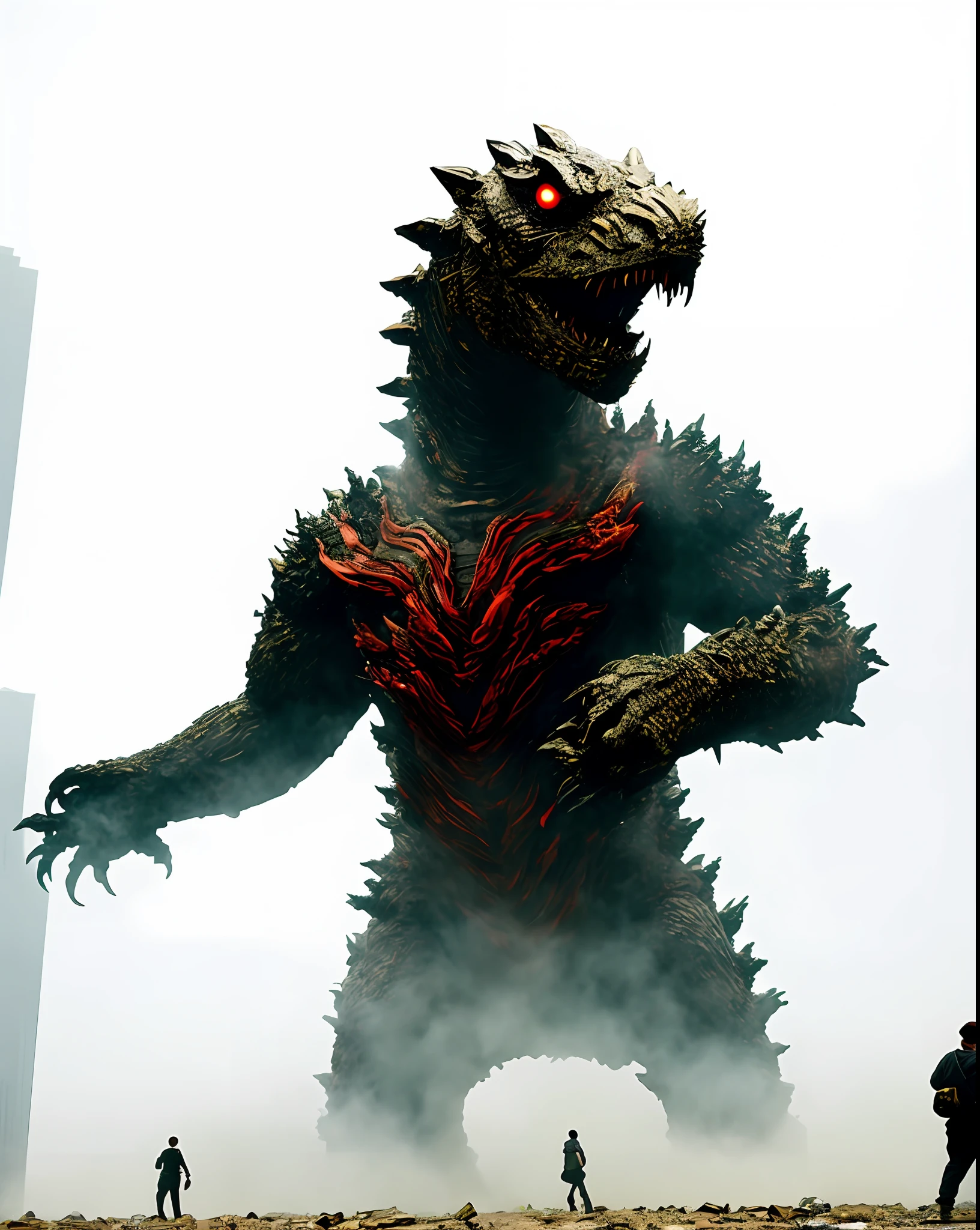 The background is smoke from the collapse of skyscrapers, kaiju towering above new york, giant monster, Tokusatsu, manticore, shin godzilla,Mechanical Godzilla, kaiju battle, 《Godzilla》Terex in  (2014), kaiju-eiga, Liam Neeson vs. Mechanical Godzilla, author:Eiji Marutani，Stylistic surrealism，The city is chaotic and disorganized，There is a lot of war