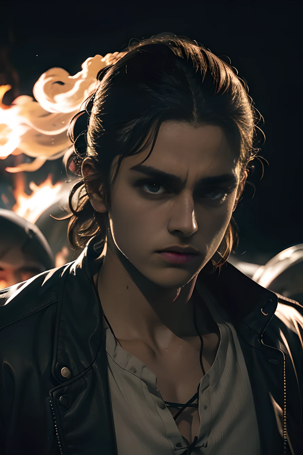 Detailed CG portrait of Eren Yeager with dynamic pose, dramatic lighting, and heavy contrast. His intense gaze catches the viewer's attention. Dark background with hints of smoke and fire, conveying a sense of danger and determination. High resolution and extremely detailed.