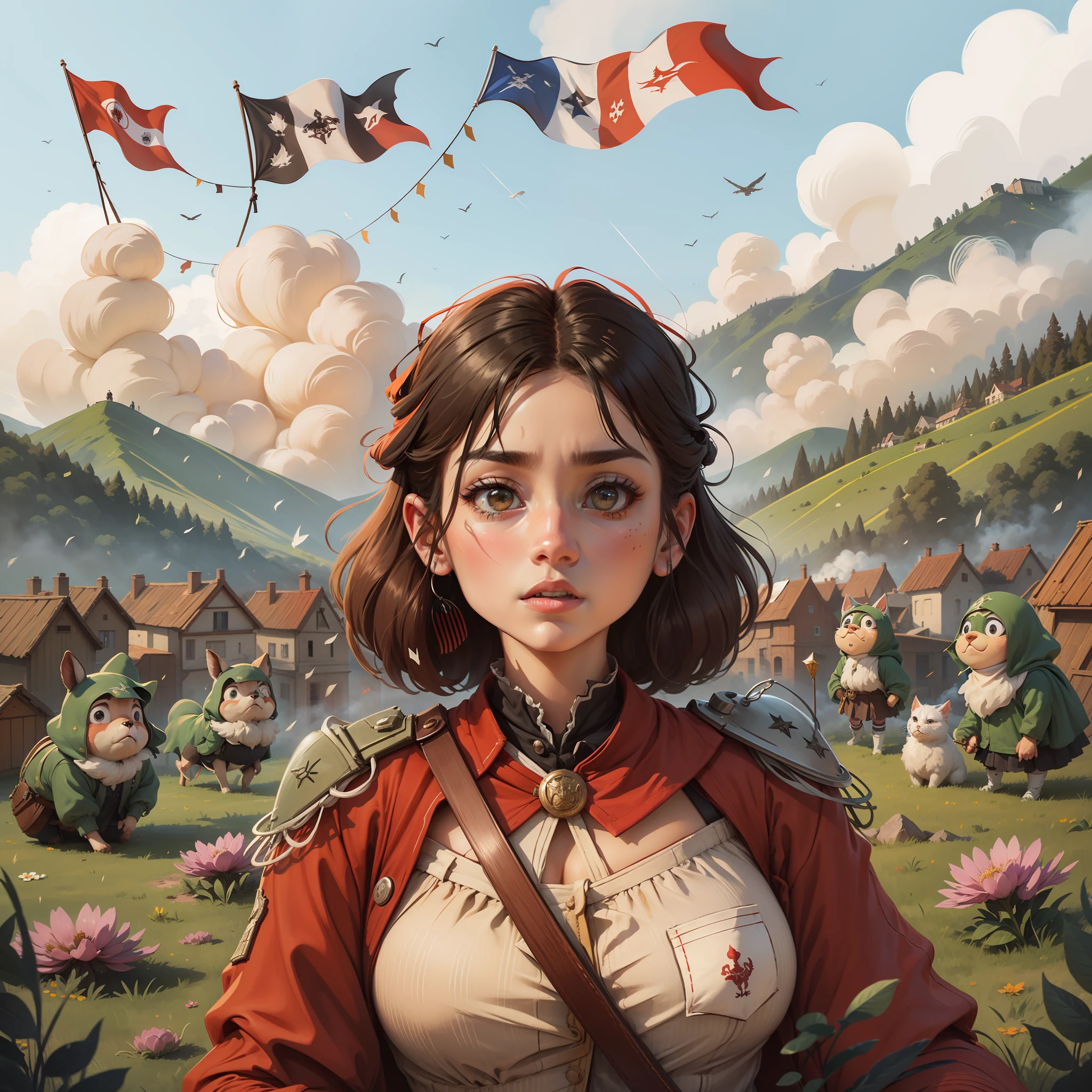 Mariazinha olhando de cima de uma montanha, the little town below and in the distance rising smoke from the battle between battalions of the peasant resistance, com roupas simples, vestidos longos, roupas coloridas, saias rodada. Mulheres, homens, jovens e idosos se uniram, each bringing machete, varas de pau,e coragem para o movimento. Mariazinha in front as the leader of the Battalions, com roupas de camponesa e bandeiras de Caxias-Ma e bandeiras do Estado do MA , image as of revolution, Wielding flags of justice.