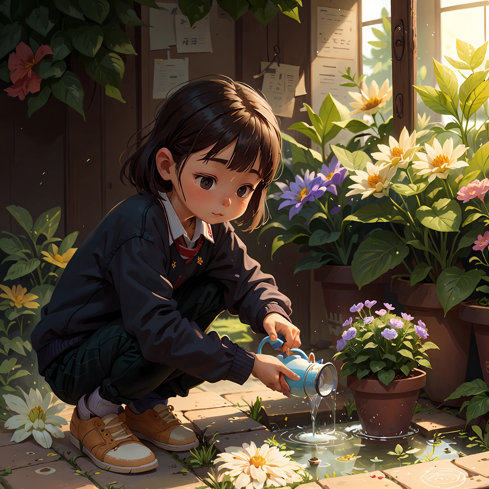 Watering children、lovly、schoolboy、Watering the flower、There are flowers inside the pot、fresh flowers、 Natural expression