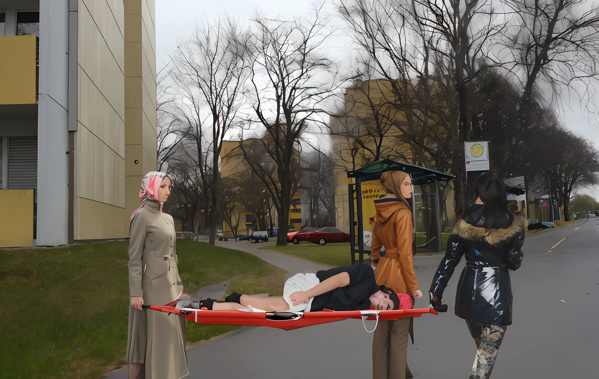 There is a man lying on a stretcher with his hands crossed over his face, a man in a t-shirt and sports shorts has crossed his hands over his face, the man has an agonised face under his hands, two longhaired and ponytailed women that are wearing very shiny coats, there are longhaired women wearing laquered puffy coats, longhaired women are walking in wetlook puffy coats, several women walking around a football field with an injured athlete on a stretcher, the injured athlete on the stretcher covers his face with both hands, the women look very worried, behind the women there is a frightening atmosphere, there is heavy rainfall in the background, video still, behind the scenes, Malika Favre, screenshot, footage, 4 0 9 6, cover photo, aesthetic shot, dramatic mood, intense scene, Making of, Mongezi Ncaphayi, Thriller atmosphere, Filming, Edited