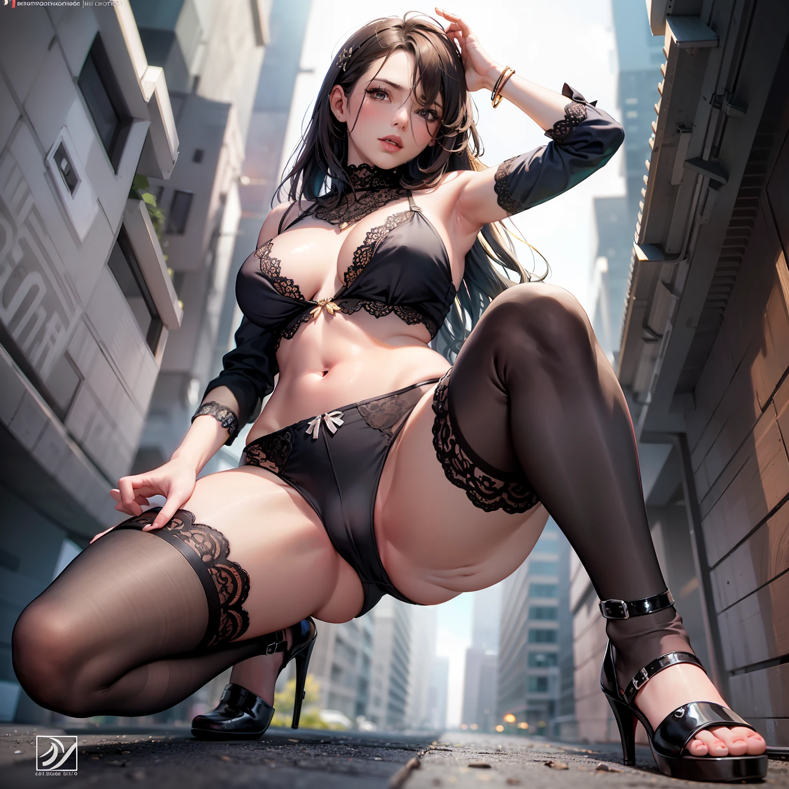 woman, (((from below))), busy city, foreshortening, (seductive pose), looking at viewer, mad, blackcutoffs, (eye contact), african,  photorealistic, masterpiece, realistic, high contrast, hyper detailed, best quality, ultra high res, photorealistic, high resolution, detailed, raw photo, perfect anatomy