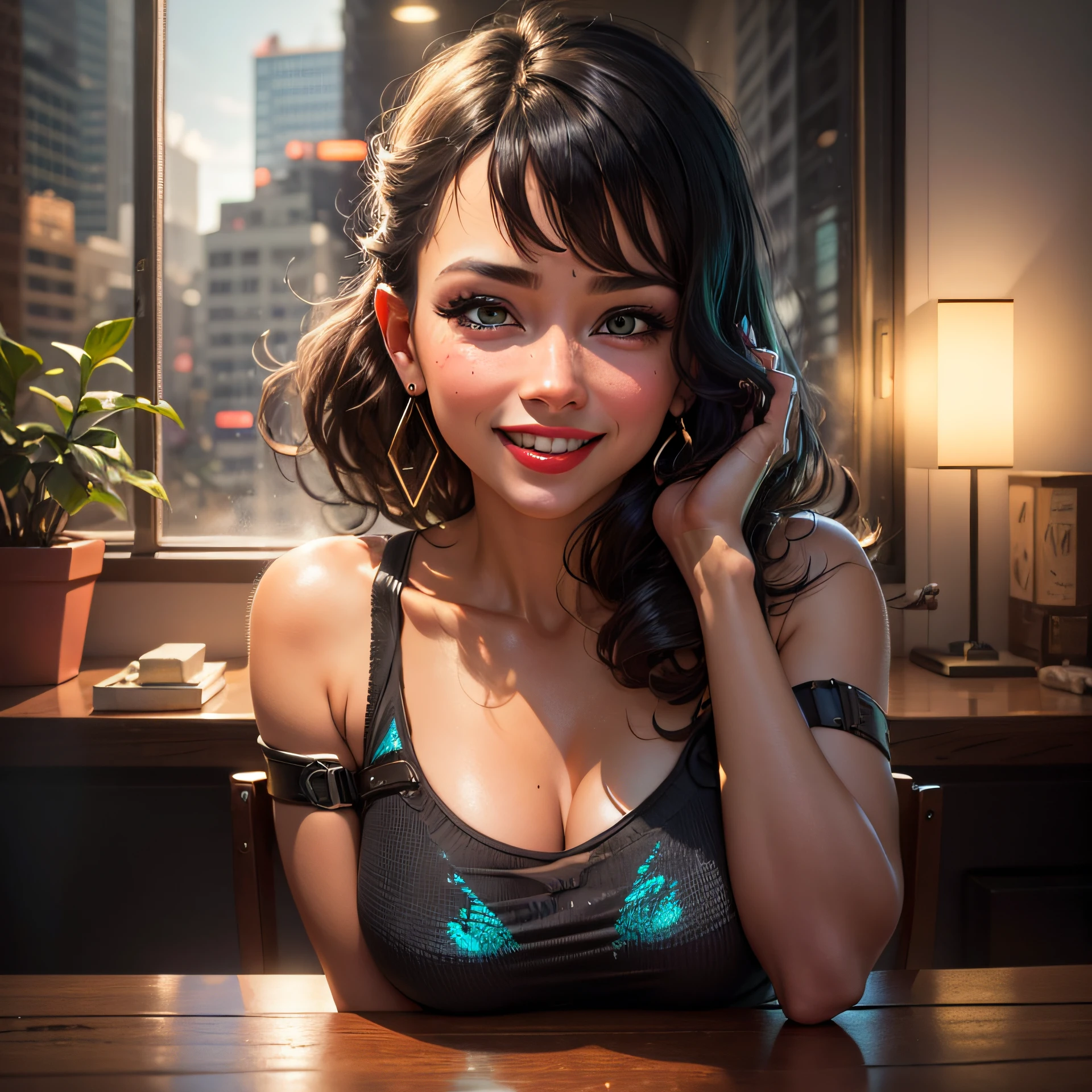 fullllbody, Black hair, bangs, aqua eyes, Glowing eyes, Crescent earrings, Earrings, Light smile, Shy, Bright pupils, Ear blush, Seductive smile, moaning, Laughing, fang, Red lips, cheekbulge, nose blush, surrealism, High detail, Modern, Realism, Contemporary art, Luminism, cubismo, Cinematic lighting, Ray tracing, Backlighting, stereograms, first person pov, a panoramic view, Eye level shots, uhdr, A high resolution, Textured skin --auto