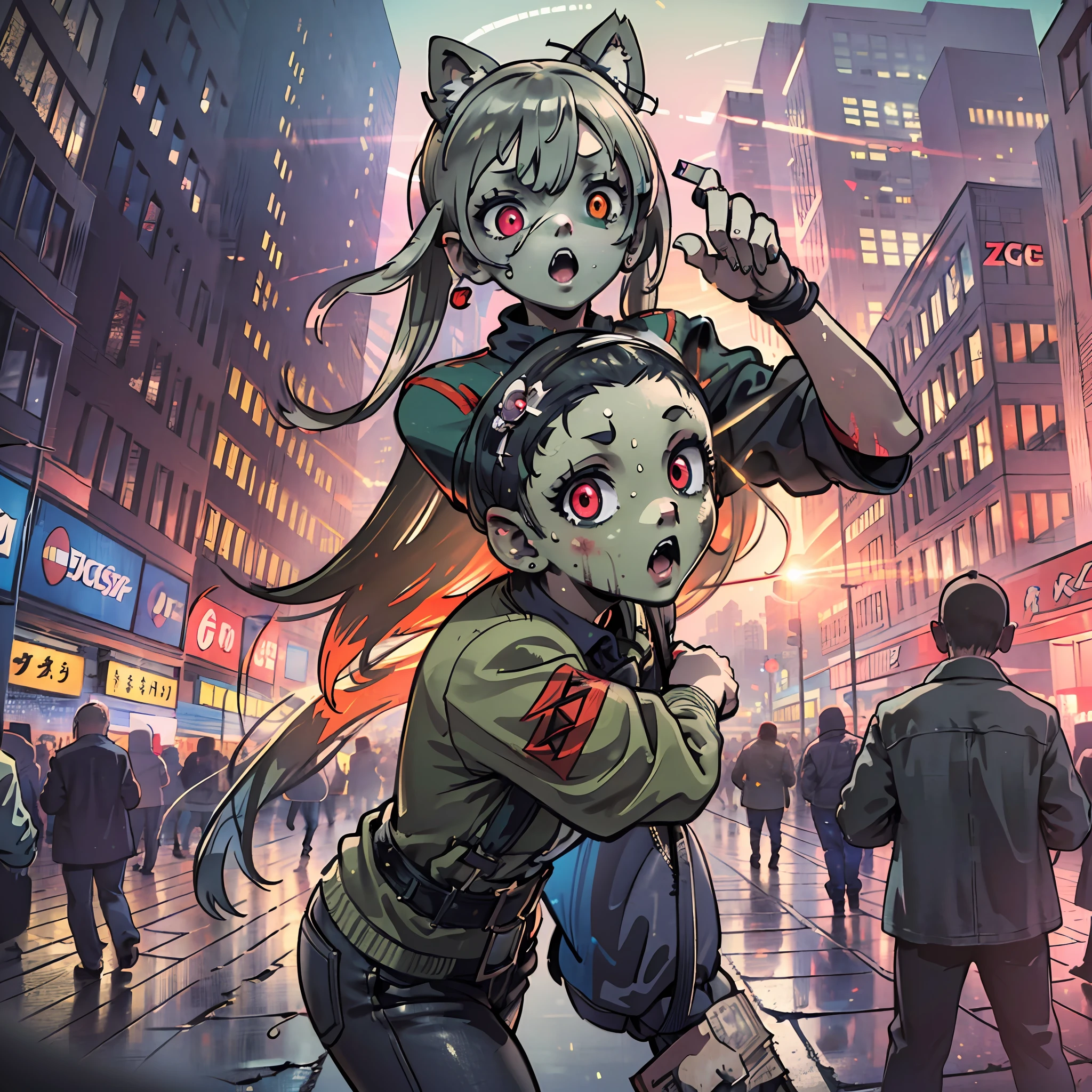 (award winning 8k concept art:1.3) of (young woman attacking the viewer, many zombies, crowd:1.3), extremely detailed background, darkness, flash, close to camera, sweet, front, epic, (masterpiece:1.4), (best quality:1.4), Amazing, beautiful, finely detailed, (Depth of field:1.4), 8k, fine art, stunning, (light reflections:1), (crisp:1.6), red twin tails, vibrant, (edge detection:1.4), absurdres, impressive, 120mm, clear, lens flare, wide shot, wide angle, colorful, scenery