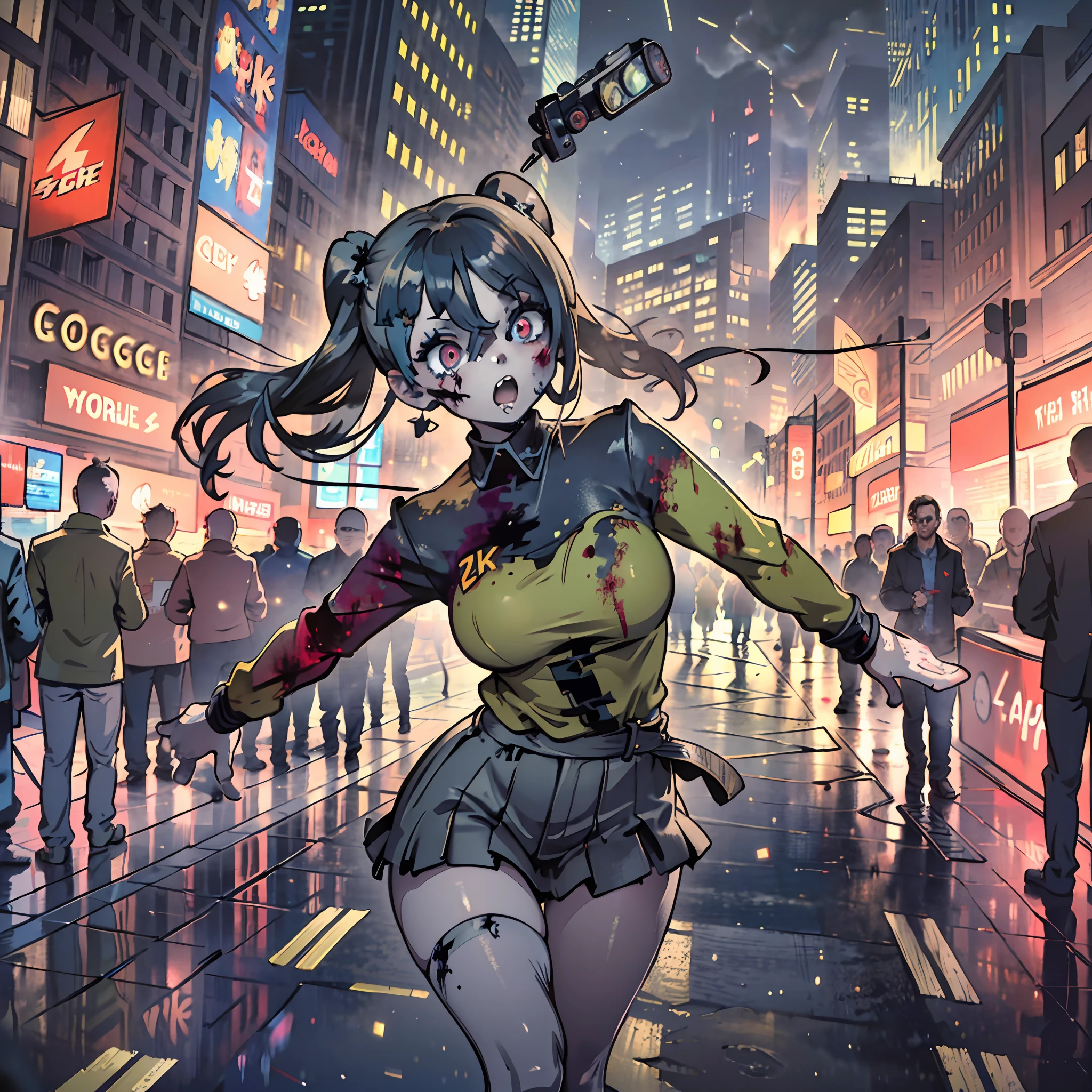 (award winning 8k concept art:1.3) of (young woman attacking the viewer, many zombies, crowd:1.3), extremely detailed background, darkness, flash, close to camera, sweet, front, epic, (masterpiece:1.4), (best quality:1.4), Amazing, beautiful, finely detailed, (Depth of field:1.4), 8k, fine art, stunning, (light reflections:1), (crisp:1.6), red twin tails, vibrant, (edge detection:1.4), absurdres, impressive, 120mm, clear, lens flare, wide shot, wide angle, colorful, scenery